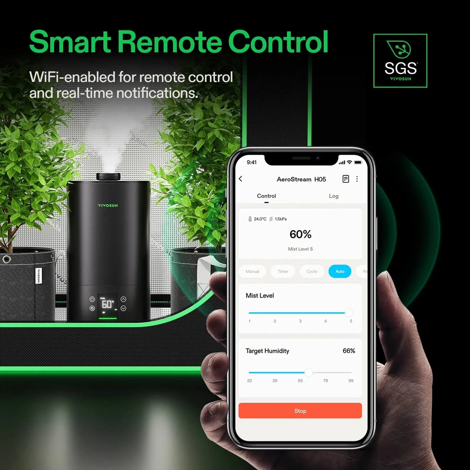 VIVOSUN AeroStream H05 Smart WiFi 5L Humidifier for Home, Bedroom & Office - Ultrasonic Cool Mist with Remote Control & Timer - Perfect for Dry Air Relief, Plants & Baby Nursery