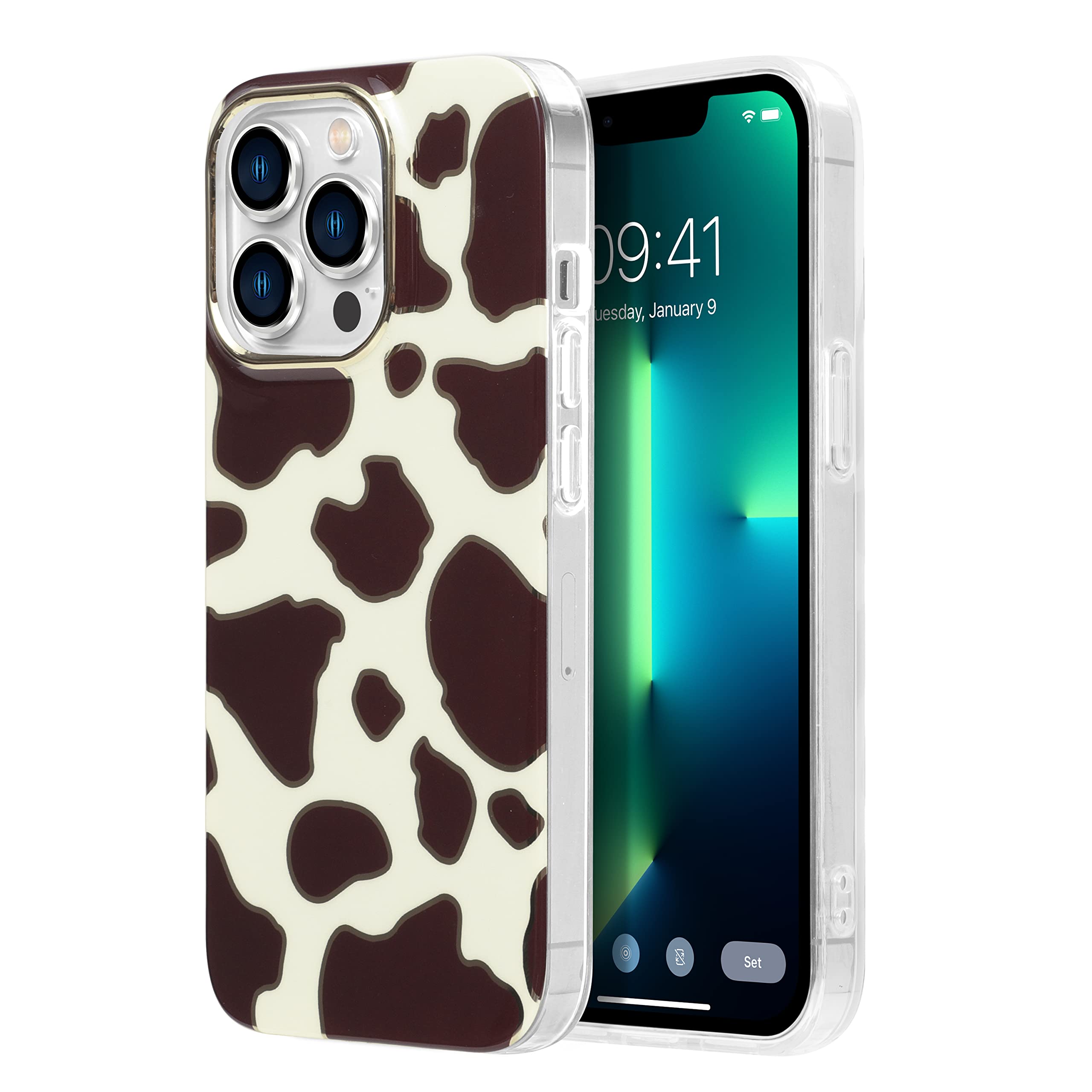 KIQ Cute Gold Cow Print Magnetic Case for iPhone 14/13 Pro/13 (6.1 Inch) - MagSafe Compatible Protective Cover for Women & Girls | Perfect for Daily Use, Work & Travel