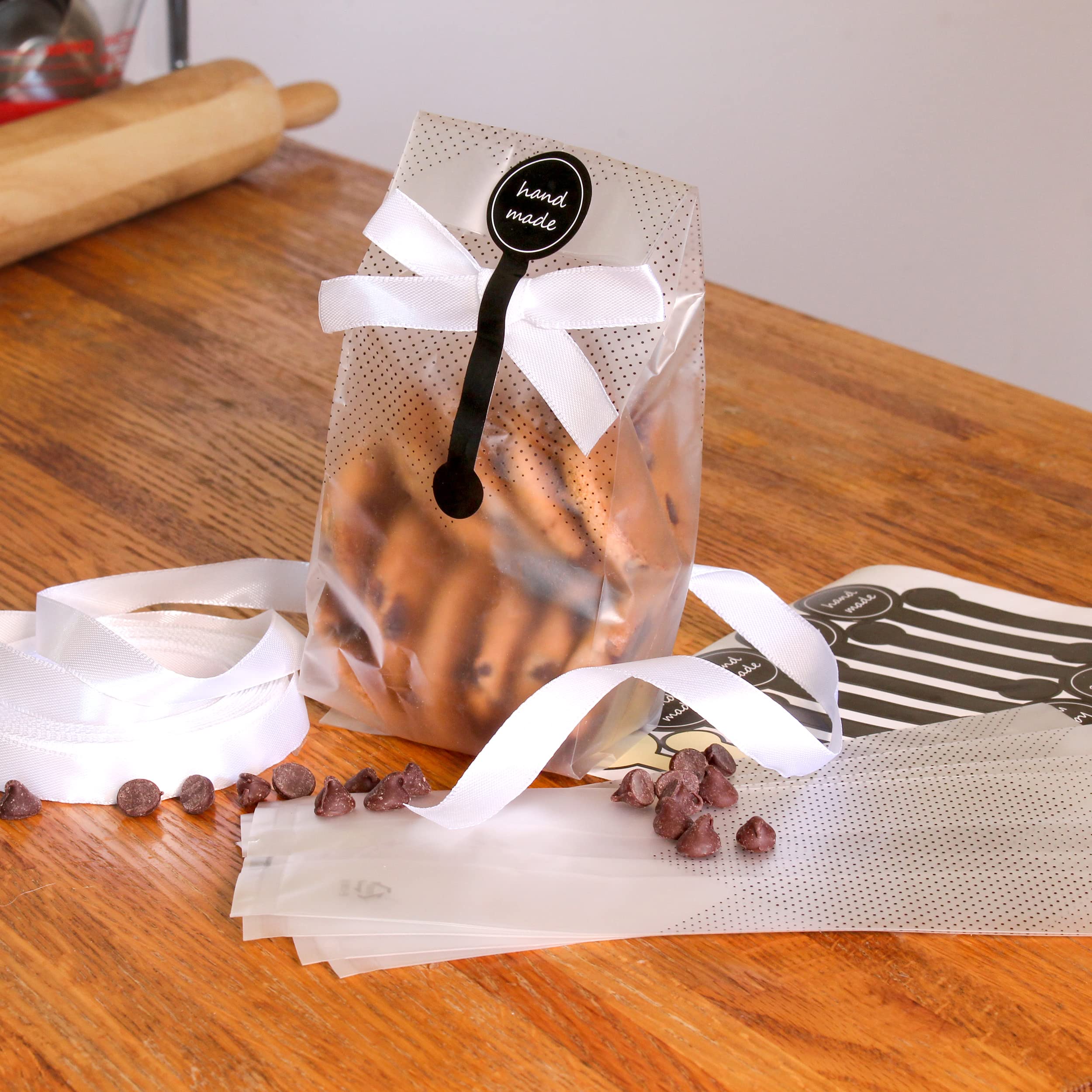 100 Pack Translucent Plastic Gift Bags with Ribbon & Sealing Stickers - Perfect for Cookies, Candies, Party Favors & Wedding Treats | Food Safe Decorative Packaging