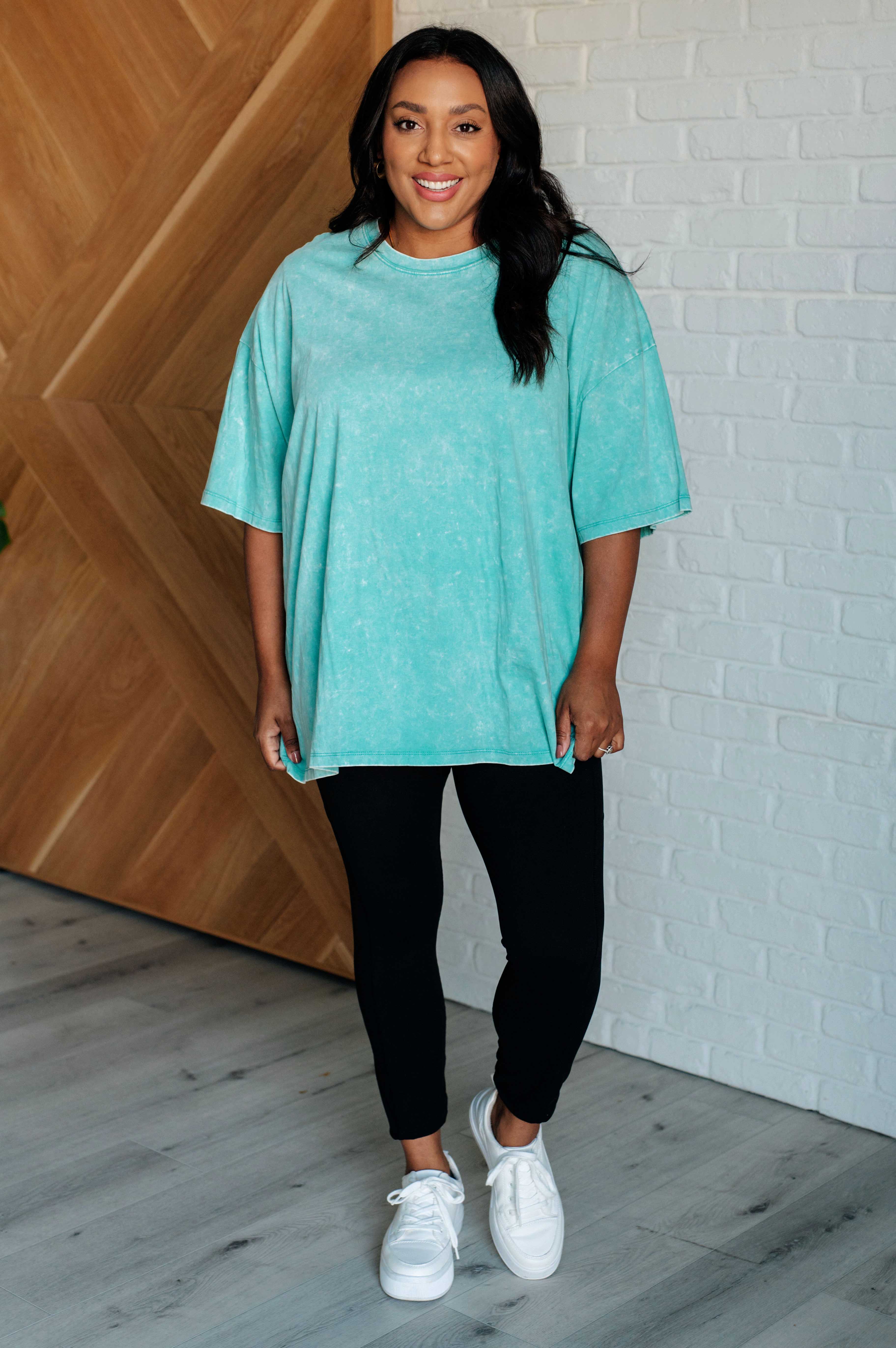 Don't Mind Me Mineral Wash Drop Shoulder Tee in Turquoise | Soft Vintage Washed Cotton T-Shirt for Women | Casual Boho Style Top for Everyday Wear, Beach Outings & Music Festivals