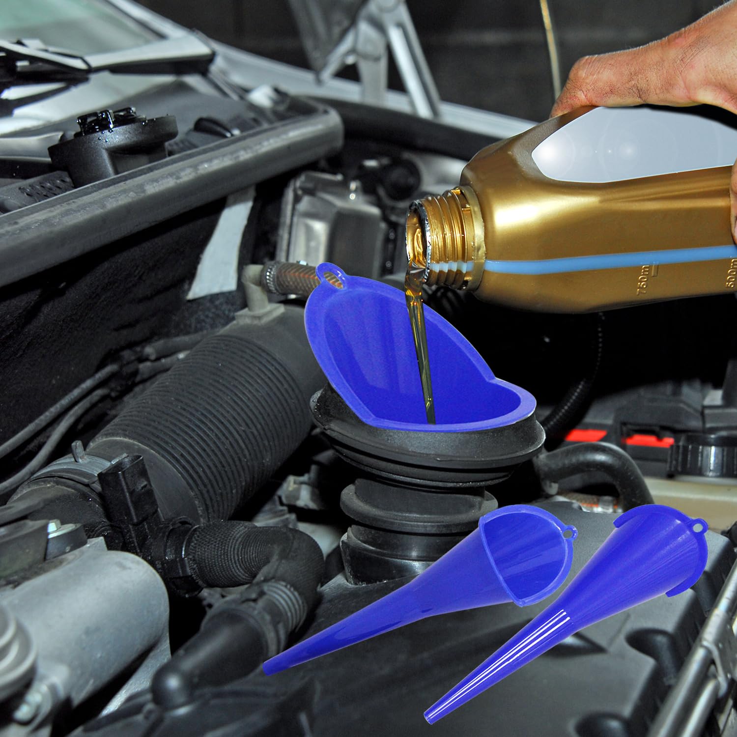 3-Piece Plastic Oil Funnel Set for Automotive Use - Transmission, Fuel, Lubricants & Fluids - Blue Car Funnels for Easy Pouring & Maintenance