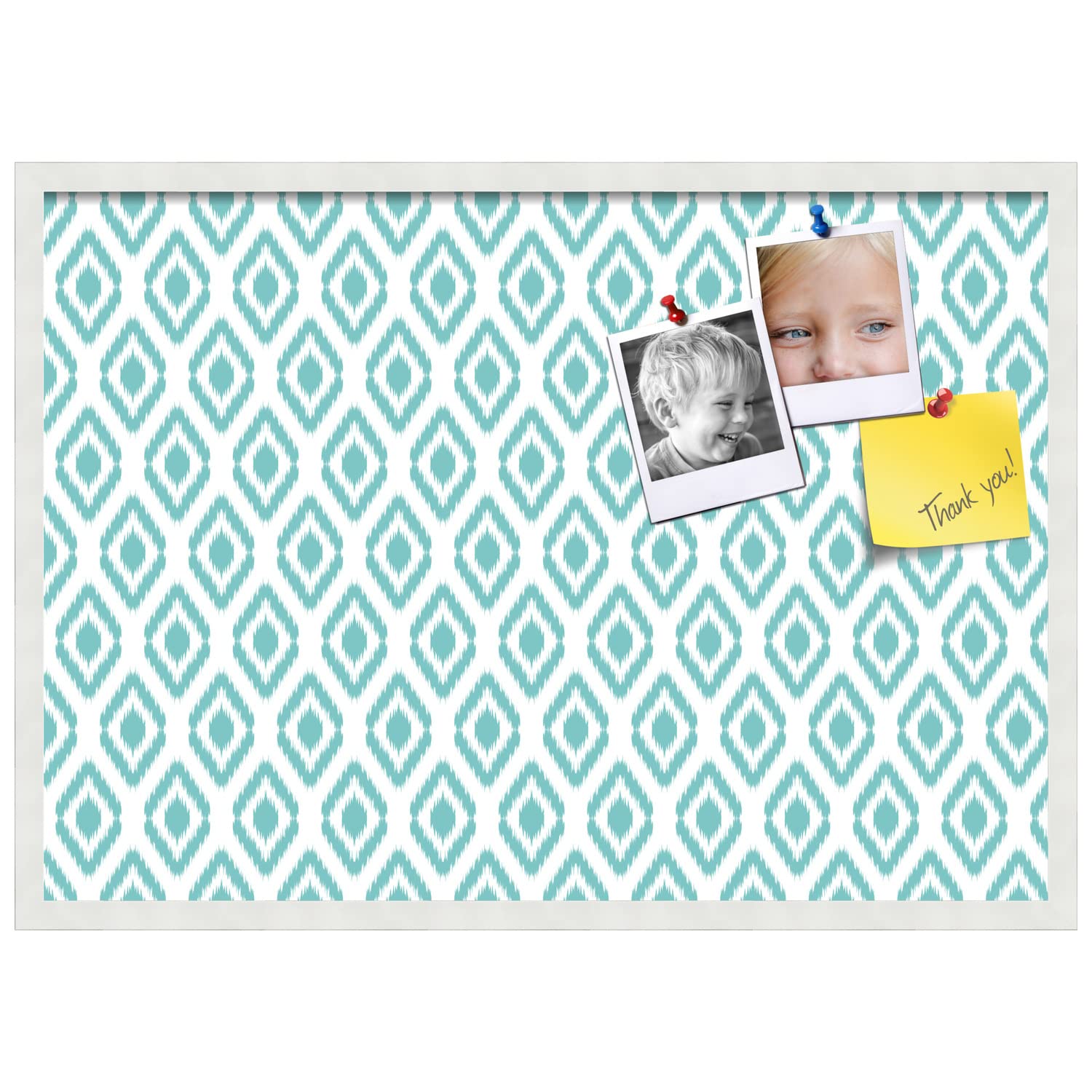 PinPix 34x24 Inch Cork Bulletin Board with Ikat Aqua Design & Satin White Frame - Decorative Framed Pin Board for Home, Office, School & Dorm Room Organization - Perfect for Notes, Photos, Memos & Wall Decor