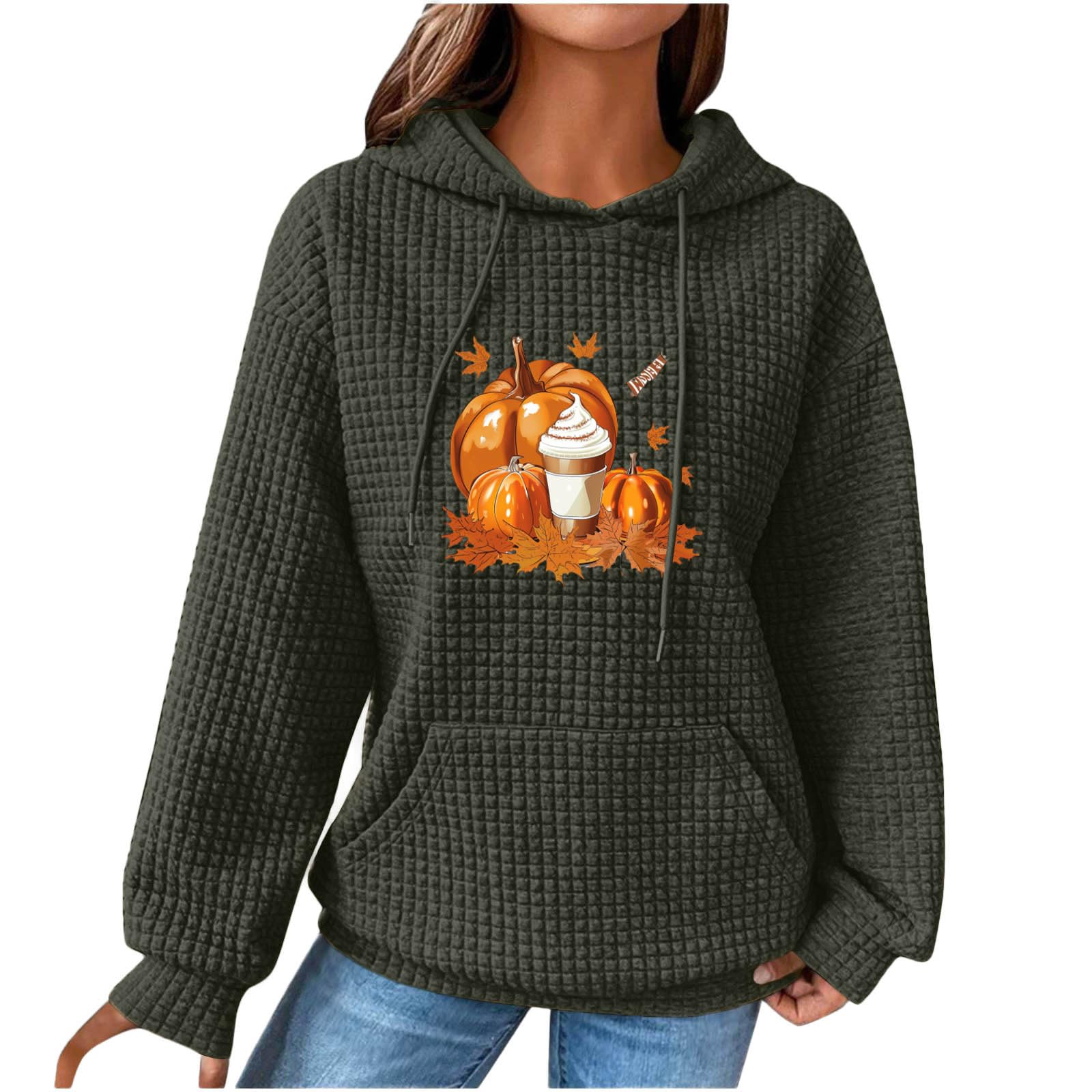 Women's Halloween Hoodie - Pumpkin Coffee Graphic Long Sleeve Waffle Sweater Pullover | Fall Thanksgiving Gift for Women | Perfect for Halloween Parties, Autumn Outings & Cozy Coffee Dates