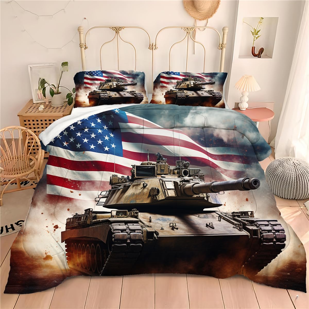 USA Flag Comforter Set Queen Size - Military Camo Down Alternative Bedding with 3D Tank Design | Patriotic Army Style Comforter & 2 Pillowcases for Boys, Teens & Adults | Perfect for Bedroom Decor, Veterans Day & Independence Day Celebrations