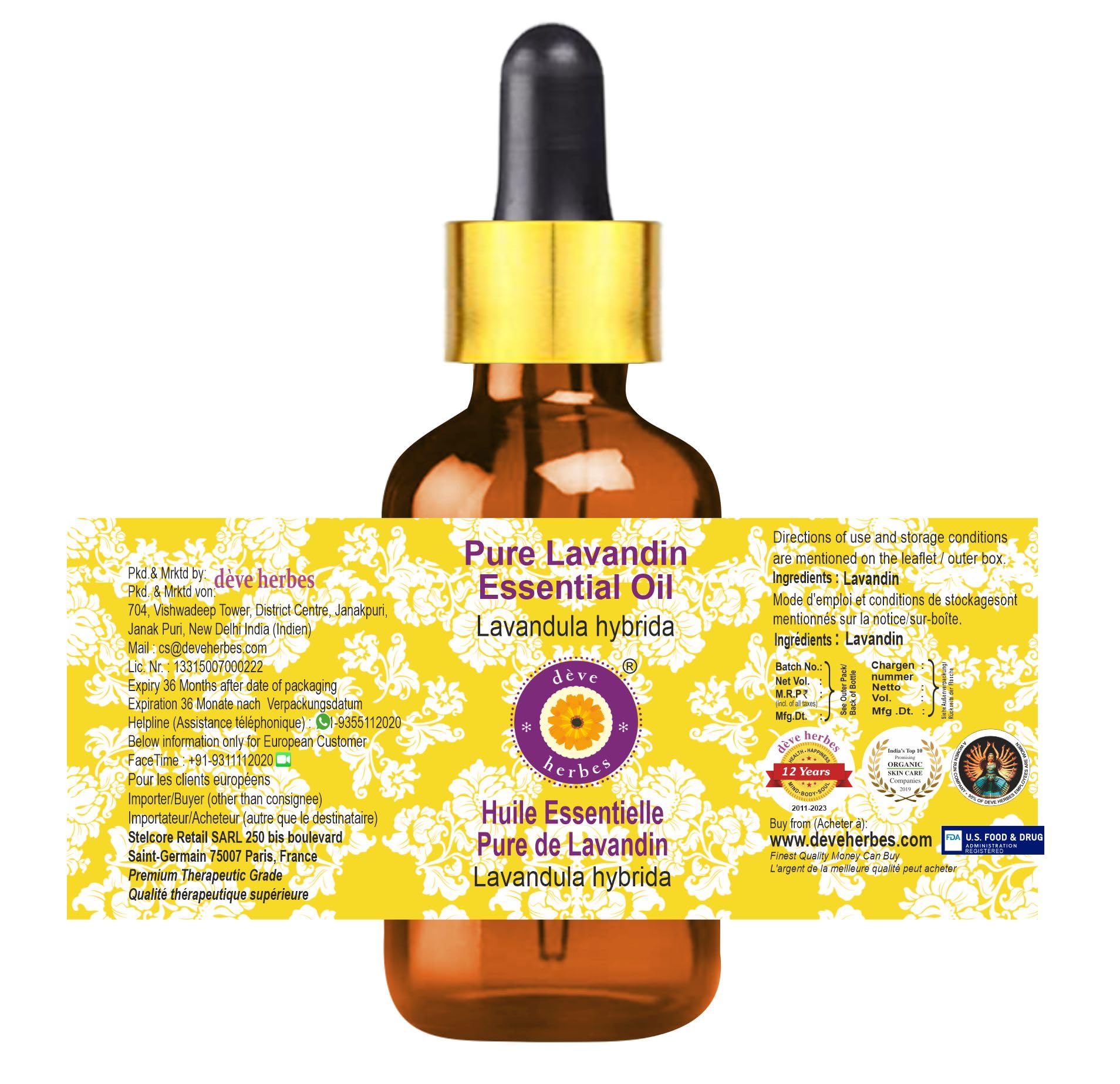 Deve Herbes Pure Lavandin Essential Oil (Lavandula Hybrida) 10ml - Steam Distilled with Glass Dropper - Aromatherapy, Relaxation & Skin Care