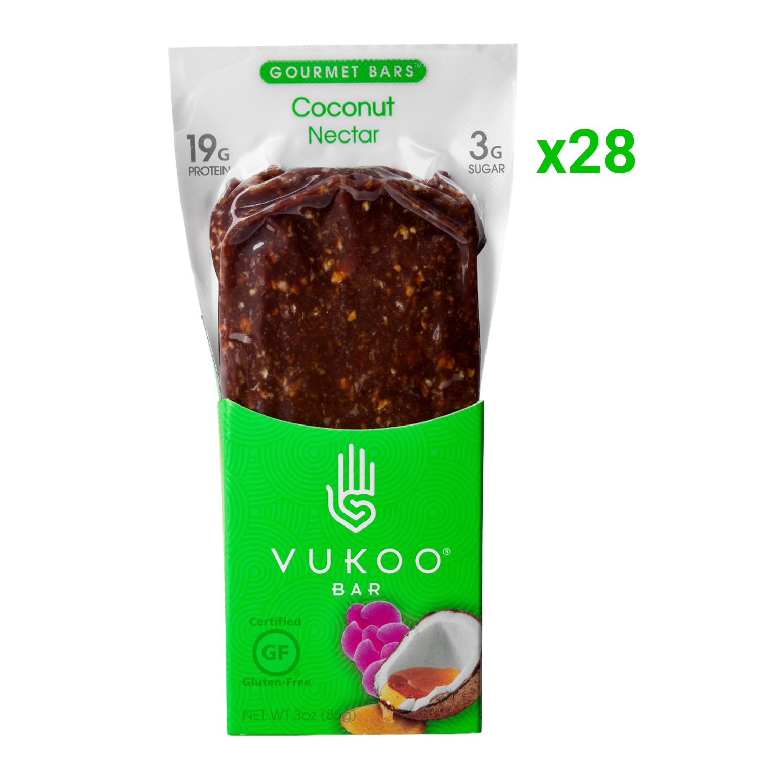 Vukoo Refrigerated Protein Bars - Coconut Nectar Flavor - 28 Pack with 19g Protein | Organic Oats, Low Sugar, High Fiber, Gluten Free Snacks | Perfect for Post-Workout Recovery, Healthy On-the-Go Breakfast & Travel Nutrition