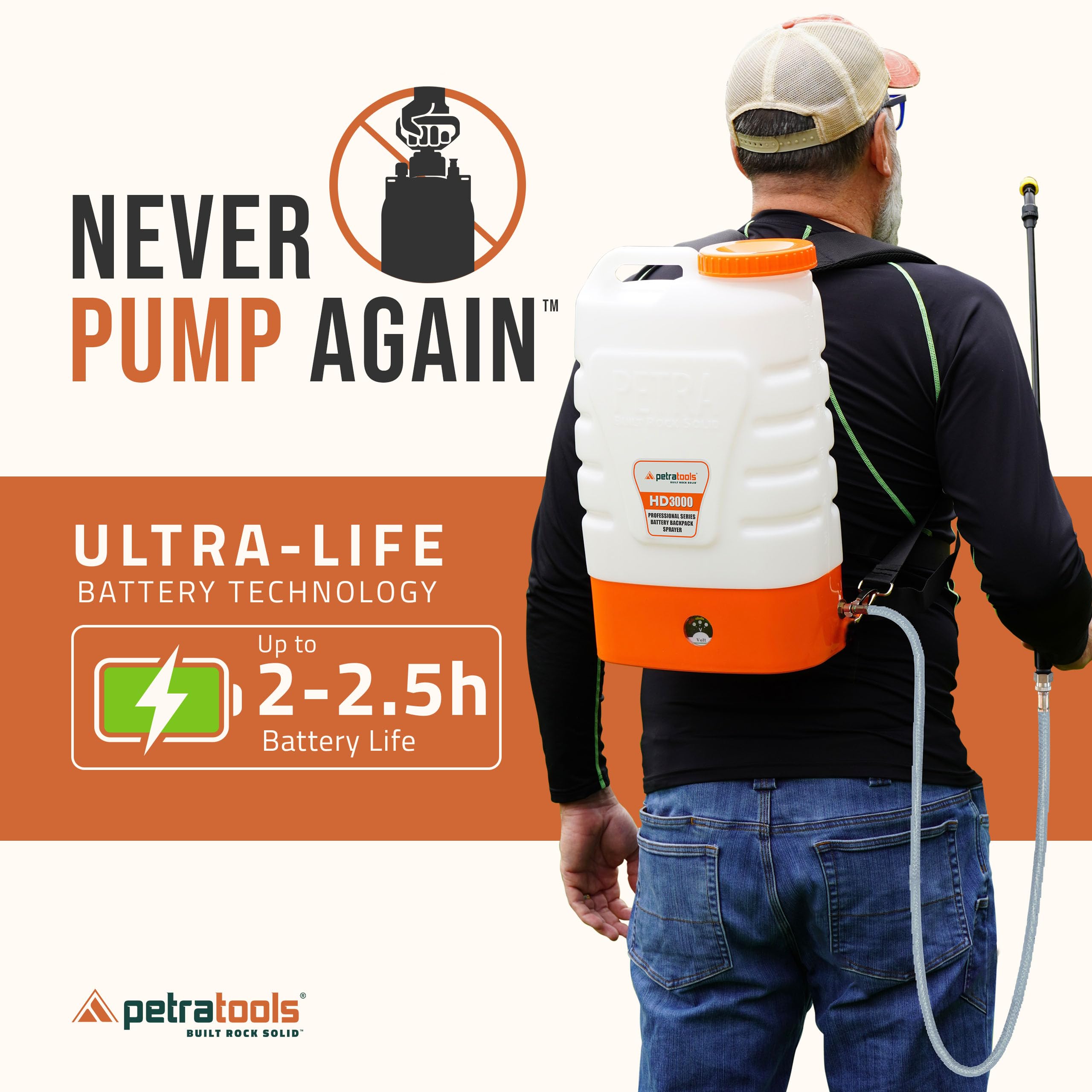 PetraTools HD3000 3 Gallon Battery Powered Backpack Sprayer for Lawn & Garden - 80PSI Electric Sprayer with 5 Spray Nozzles, Long Battery Life & Comfortable Padded Straps - Ideal for Weed Control, Pest Spraying, and Fertilizer Application (3 Gallon)