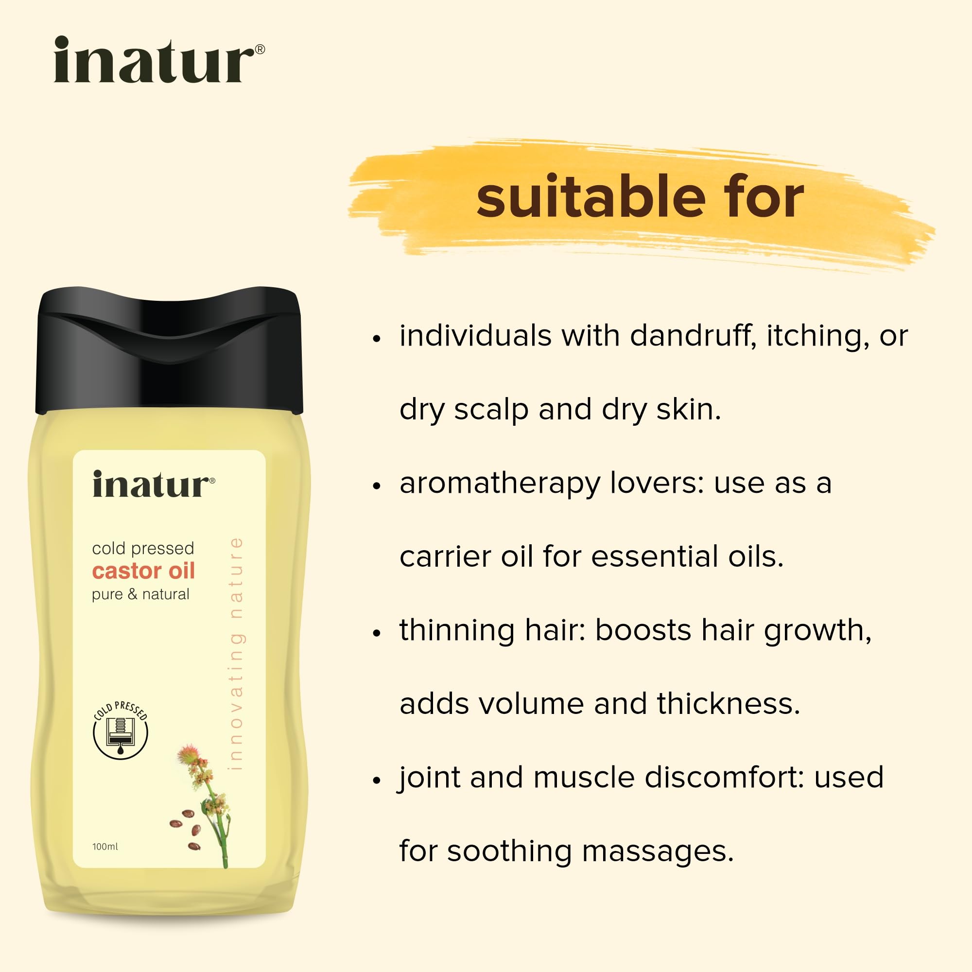 100% Pure Cold Pressed Castor Oil 100ml - Organic & Natural Hair Growth Oil for Eyebrows, Eyelashes, Scalp & Skin Care | Nourishes Dry Skin, Strengthens Hair & Nails | Perfect for DIY Beauty Treatments & Nighttime Hair Masks