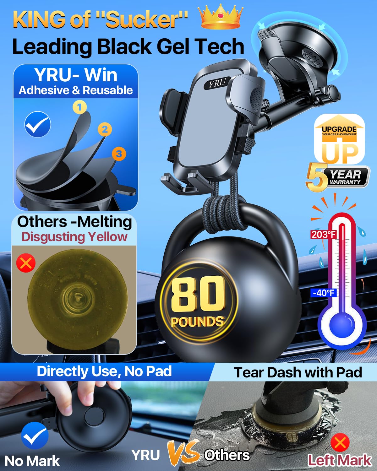 2025 YRU Ultimate Rotatable Car Phone Holder Mount - Military-Grade Suction (90+ LBS), Dashboard/Windshield/Vent Compatible, Universal for All Phones (Grey) - Perfect for Road Trips, Commuting & GPS Navigation