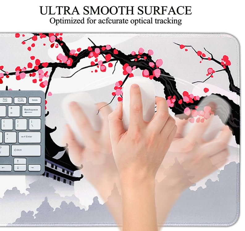 Japanese Cherry Blossom Gaming Mouse Pad - 31.5x11.8 Inch Large Pink Sakura Design, Non-Slip Rubber Base, Waterproof Surface with Stitched Edges - Perfect for Gaming, Office Work & Home Computer Setup