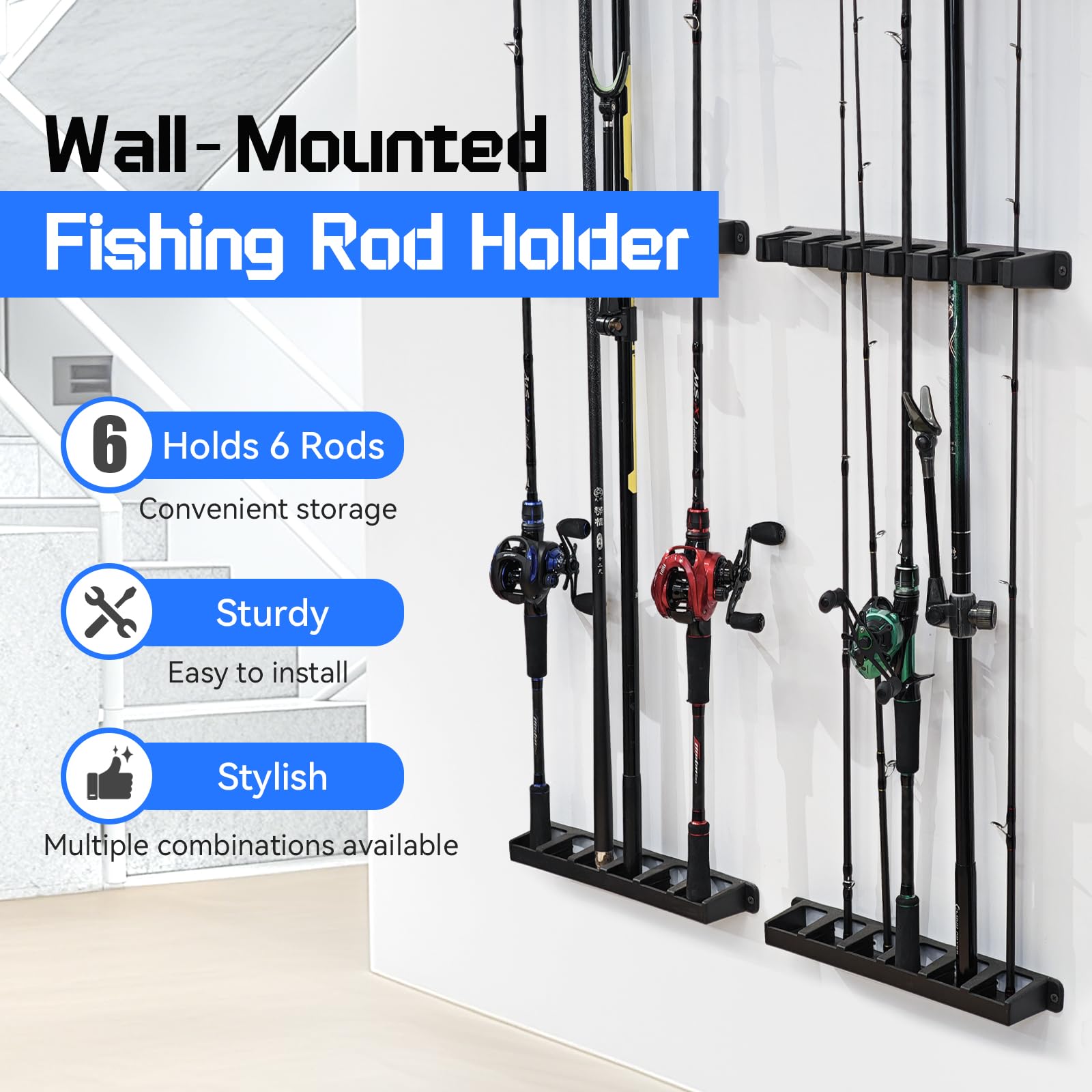 Vertical Wall-Mounted Fishing Rod Holder Rack - Organize 6 Rods & Combos in Garage - Universal Fit for Most Fishing Pole Diameters - Space-Saving Black Storage Solution (1 Pair) - Perfect for Anglers, Boat Storage & Home Organization