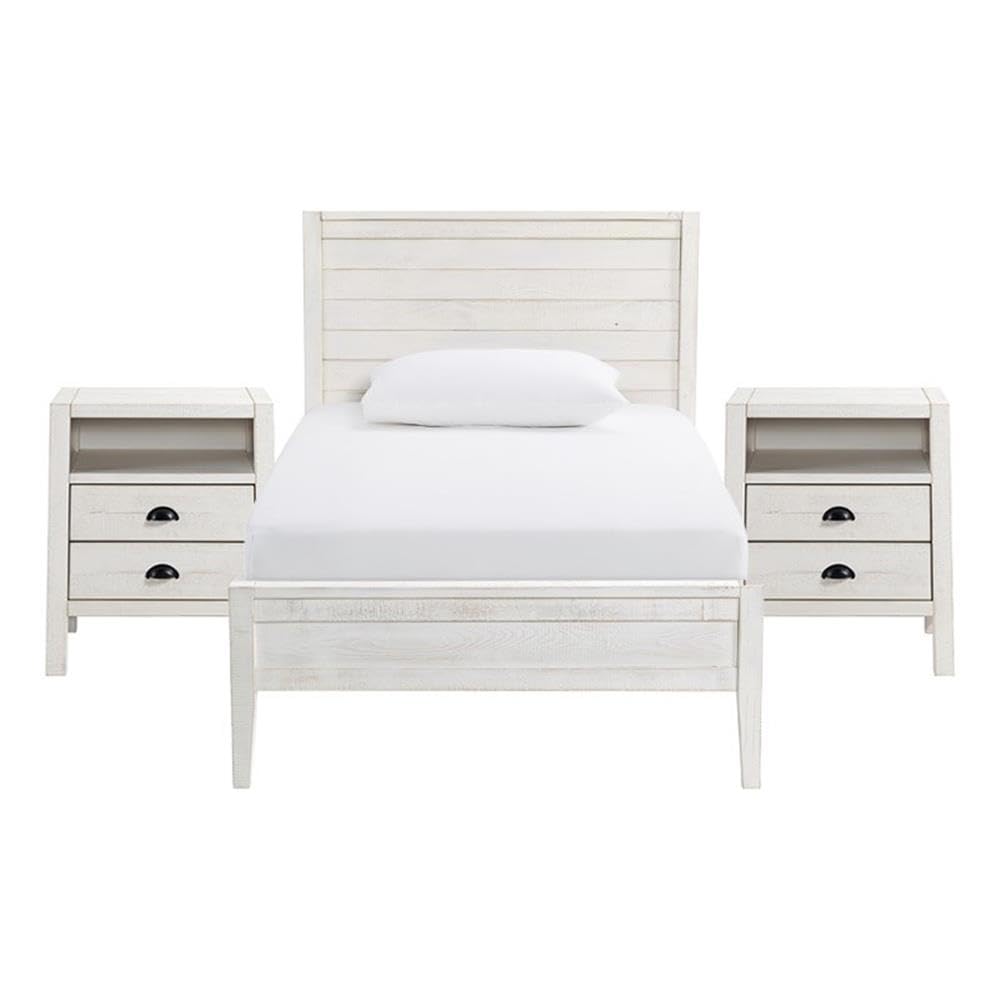 Alaterre Windsor 3-Piece Bedroom Set - Twin Panel Bed with 2 Nightstands in Driftwood White | Modern Farmhouse Furniture for Kids & Guest Rooms