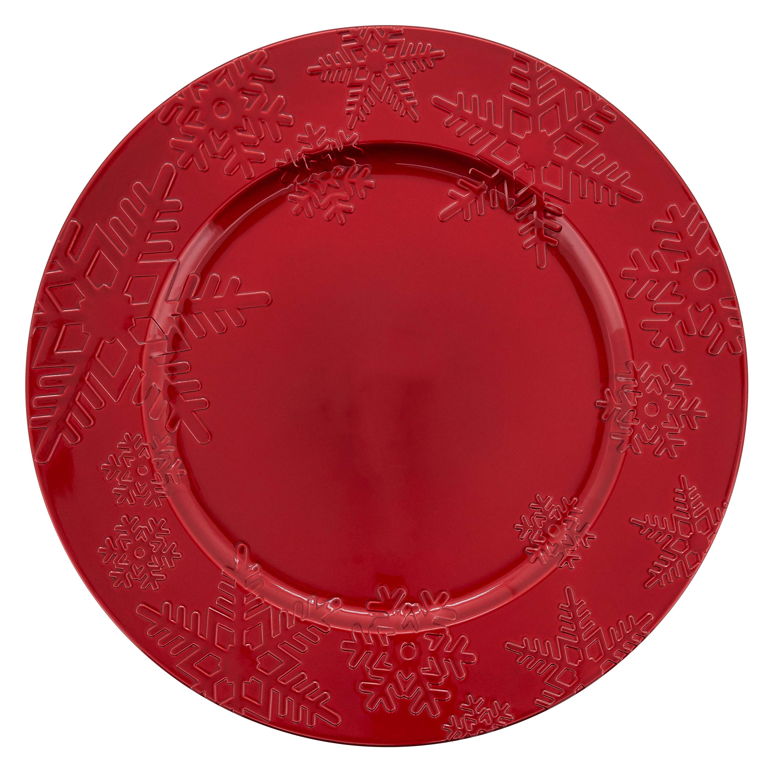 Snowflake Design Red Plastic Charger Plates - Set of 4 for Holiday Dinner Parties & Christmas Table Decor