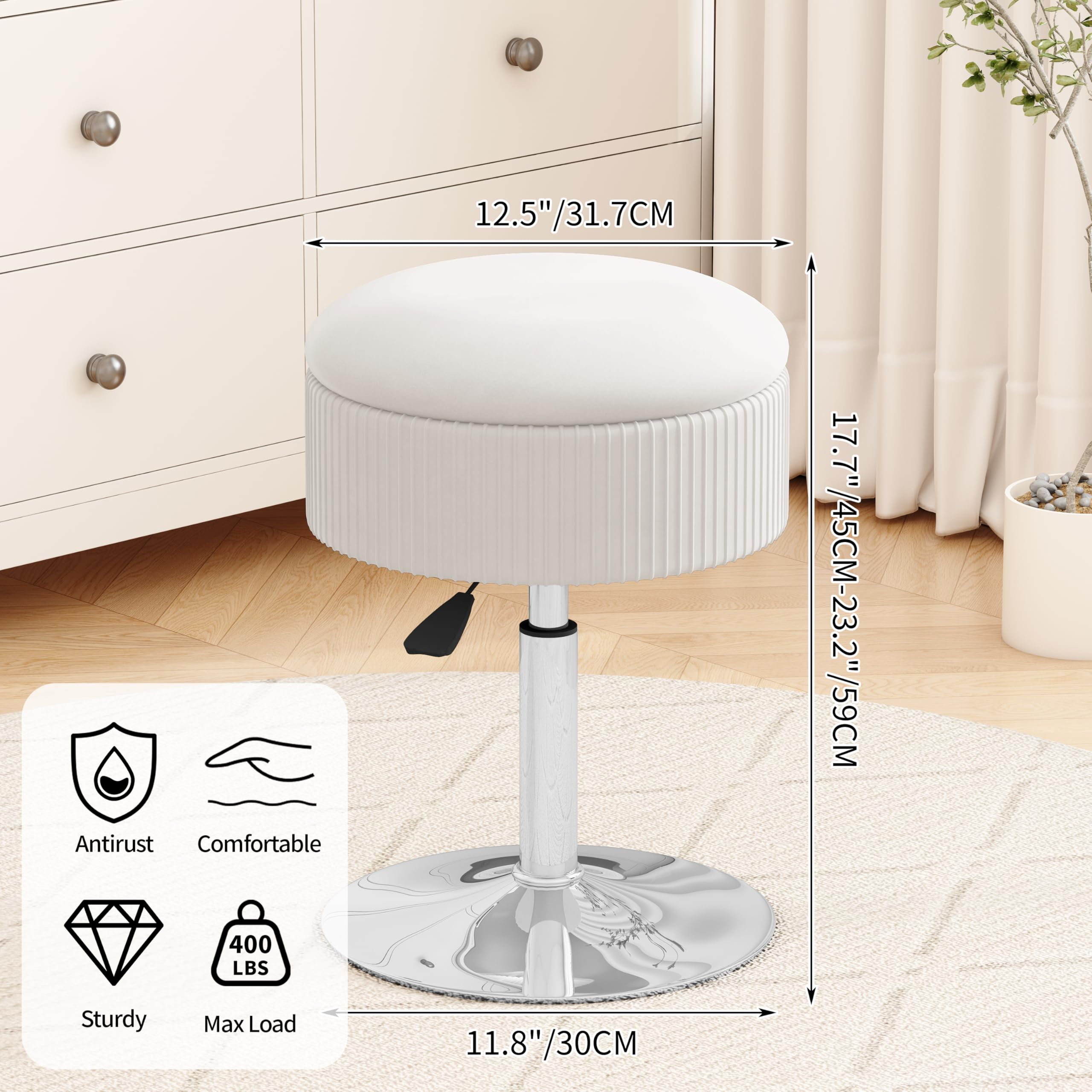 ACEQLYT® White Vanity Stool with Storage - Adjustable Swivel Makeup Chair with Faux Fur Seat for Bedroom & Dressing Room | Perfect for Vanity Table, Makeup Room, and Home Decor