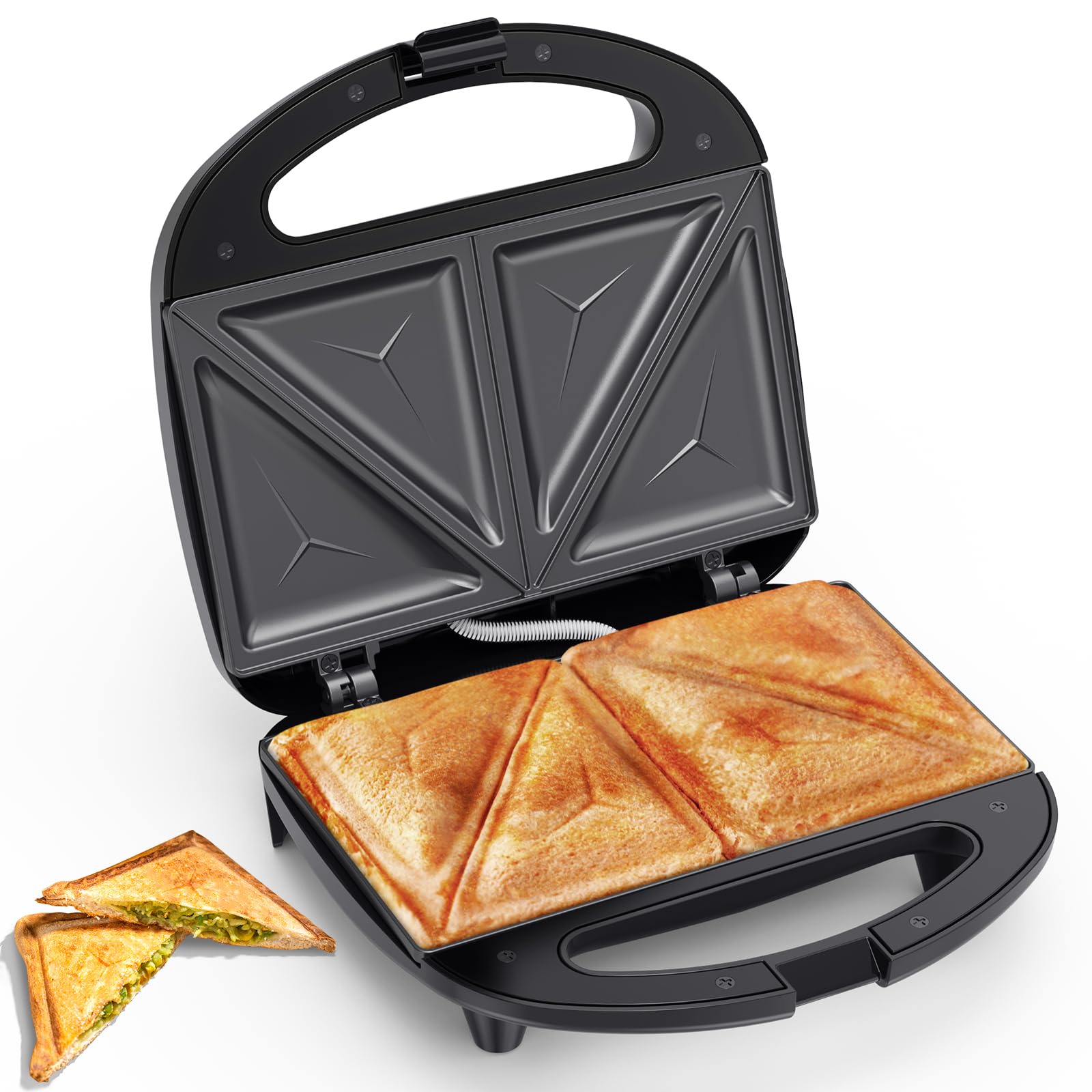 ABS07 Triangle Sandwich Maker - 2 Slice Non-Stick Grilled Cheese Press with Indicator Lights, Cool Touch Handle & Easy Clean Design (750W) - Perfect for Breakfast, Snacks & Quick Meals at Home/Office