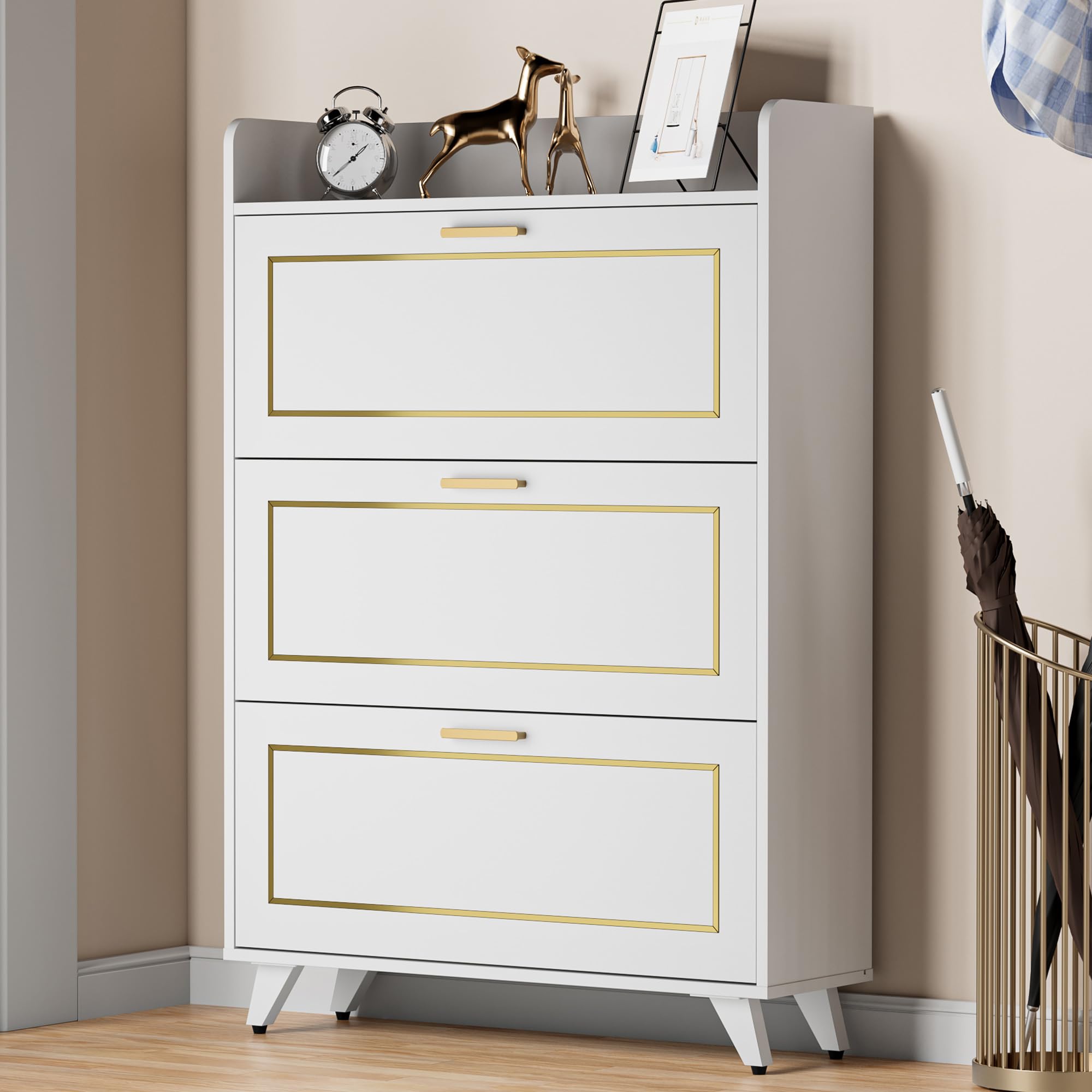 Cozy Castle 3-Tier Flip Drawer Shoe Storage Cabinet - Narrow Hidden Shoe Organizer for Entryway, Hallway & Closet - White Shoe Rack for Small Spaces & Apartment Living