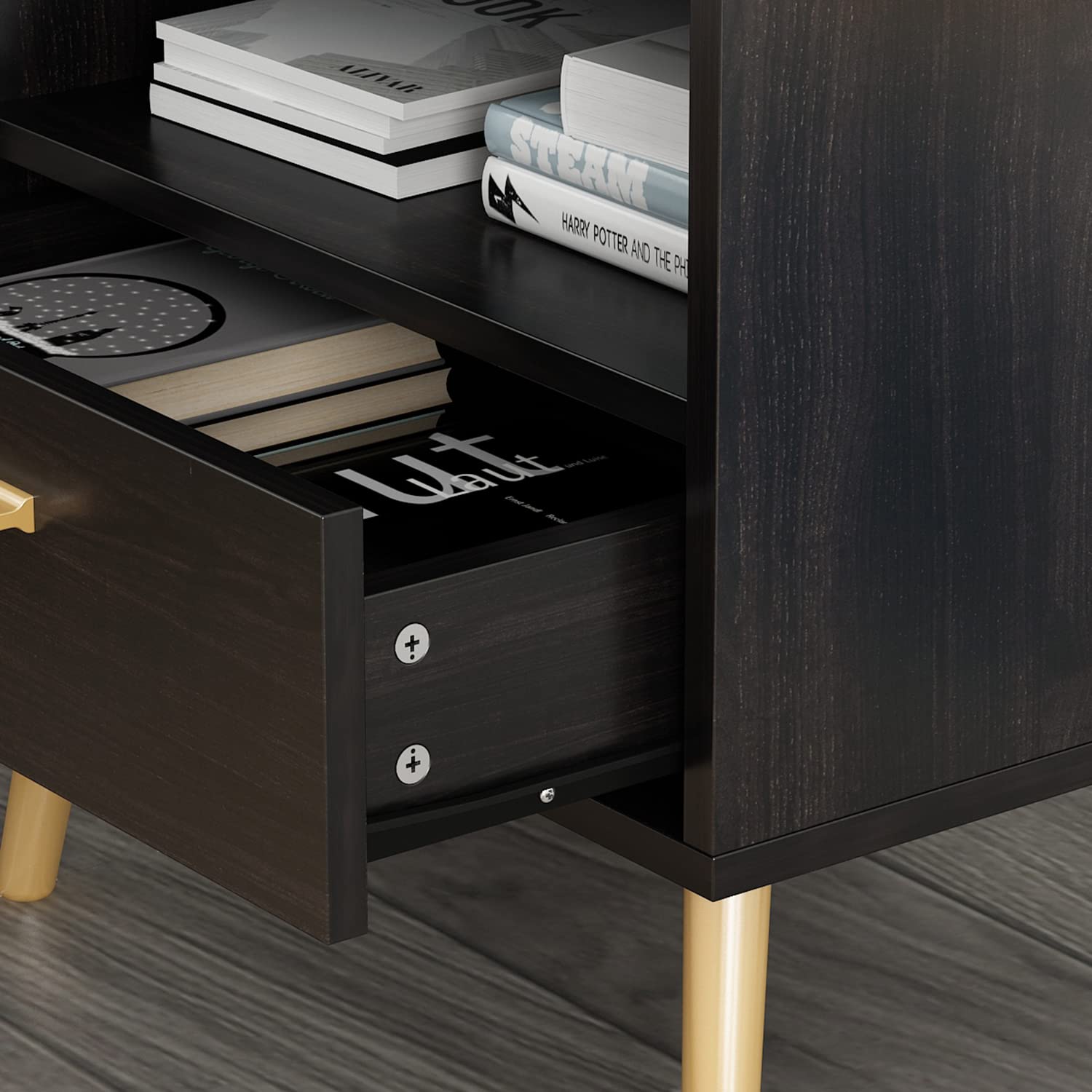 Modern Nightstand Set of 2 - Bedside Table with Drawer & Open Shelf, Gold Metal Legs End Table for Bedroom & Living Room, Black (19.5”L x 15.6”W x 20”H) - Perfect for Small Spaces, Apartment Decor & Guest Room Furniture