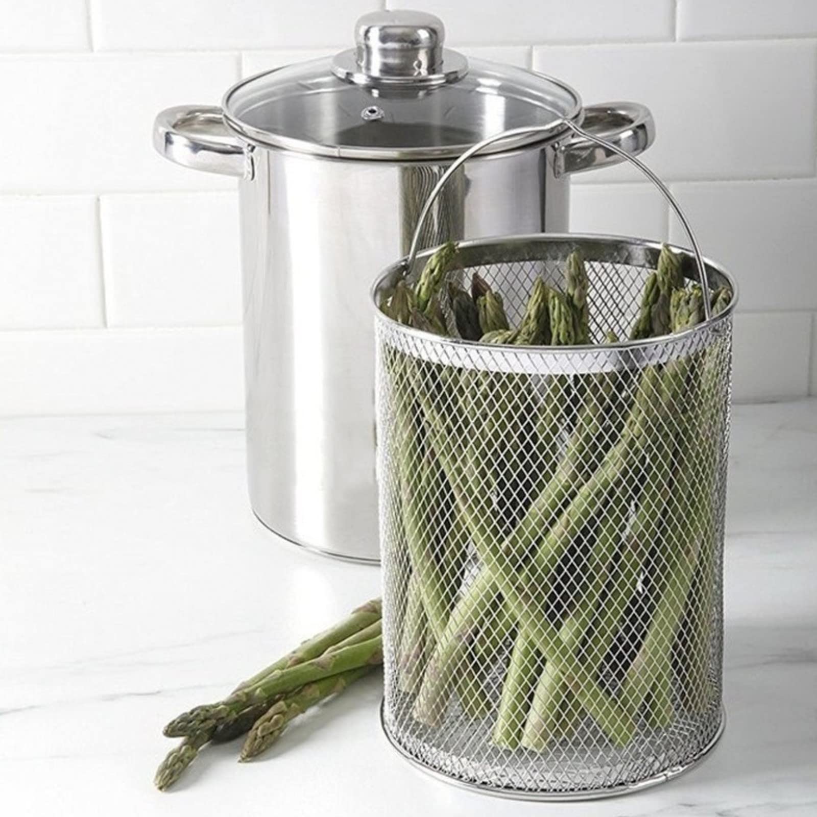AVLA 4 Quart Stainless Steel Asparagus Steamer Pot with Removable Basket & Lid - Perfect for Cooking Vegetables, Pasta, Spaghetti, Boiled Eggs, Shrimp & French Fries - Ideal for Home Kitchen, Meal Prep & Healthy Cooking