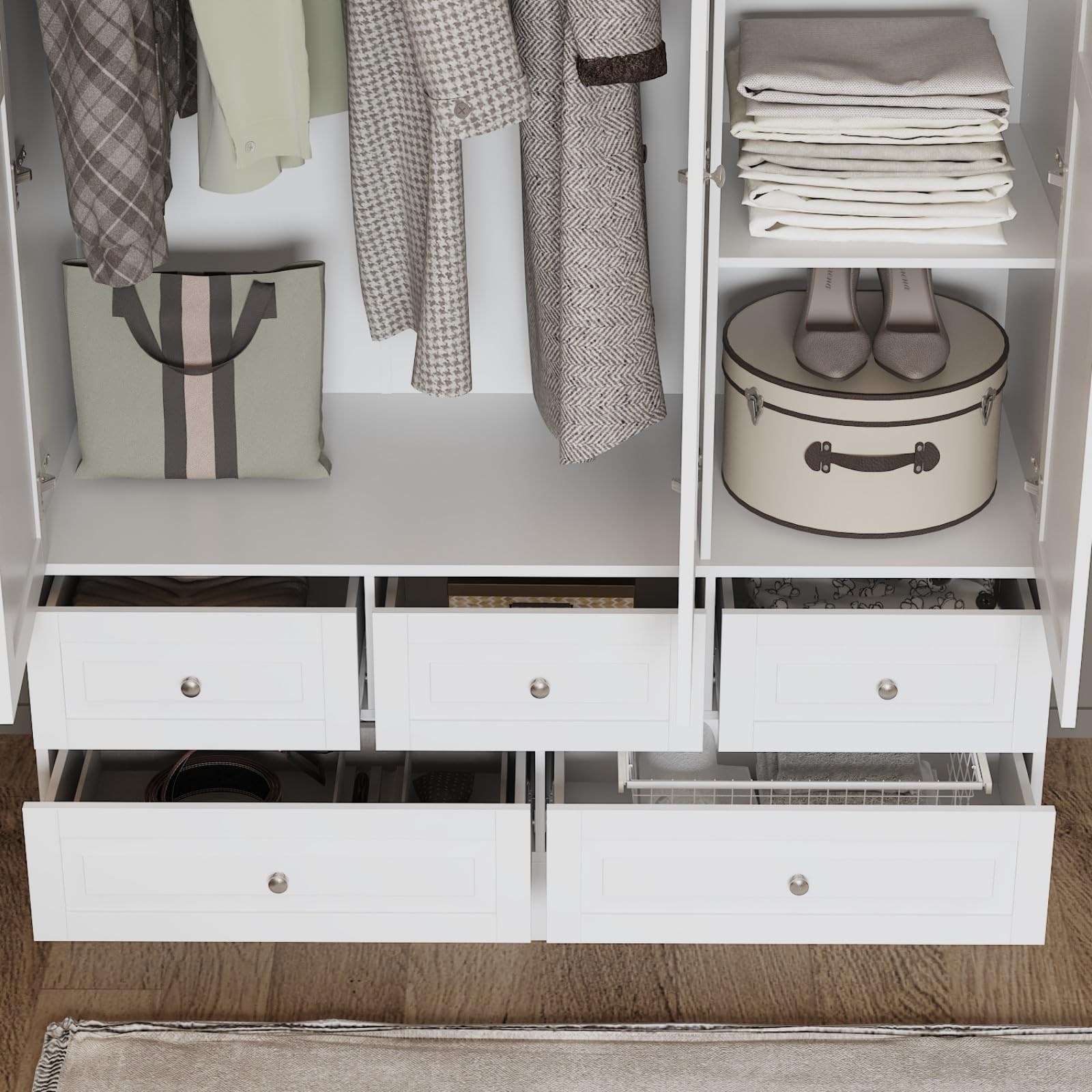 MOUMON White 3 Door Wardrobe Closet with Mirror, 5 Drawers, Hanging Rod & 4 Tier Shelves - Bedroom Storage Cabinet (47.8”W x 19.7”D x 78.7”H) for Clothes, Shoes & Accessories Organization