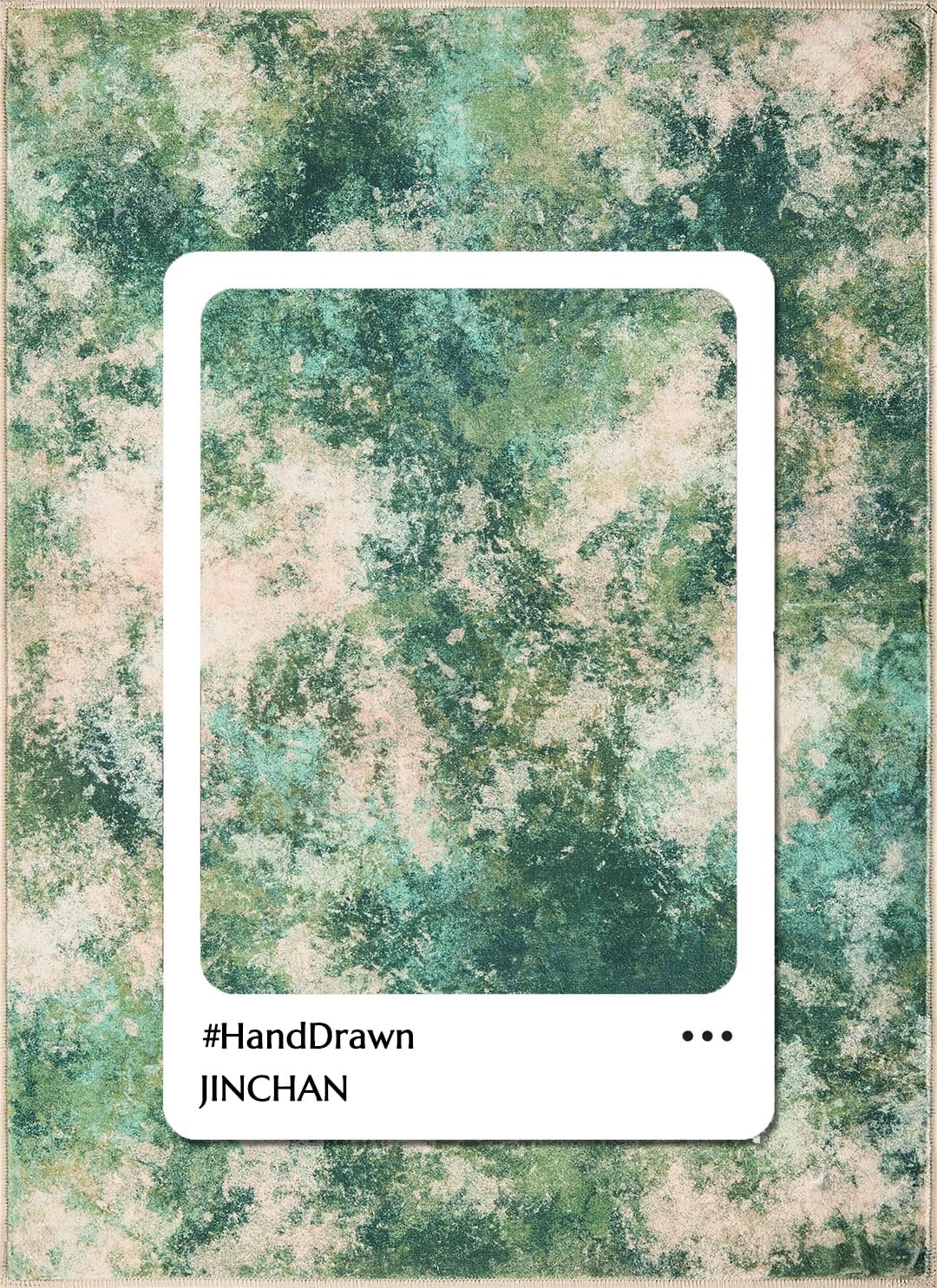 Jinchan 2x3 Modern Abstract Washable Area Rug - Non-Slip Soft Indoor Carpet for Kitchen, Bedroom, Bathroom & Entryway | Watercolor Print Contemporary Home Decor (Green Multi) - Perfect for Cozy Living Spaces & High-Traffic Areas