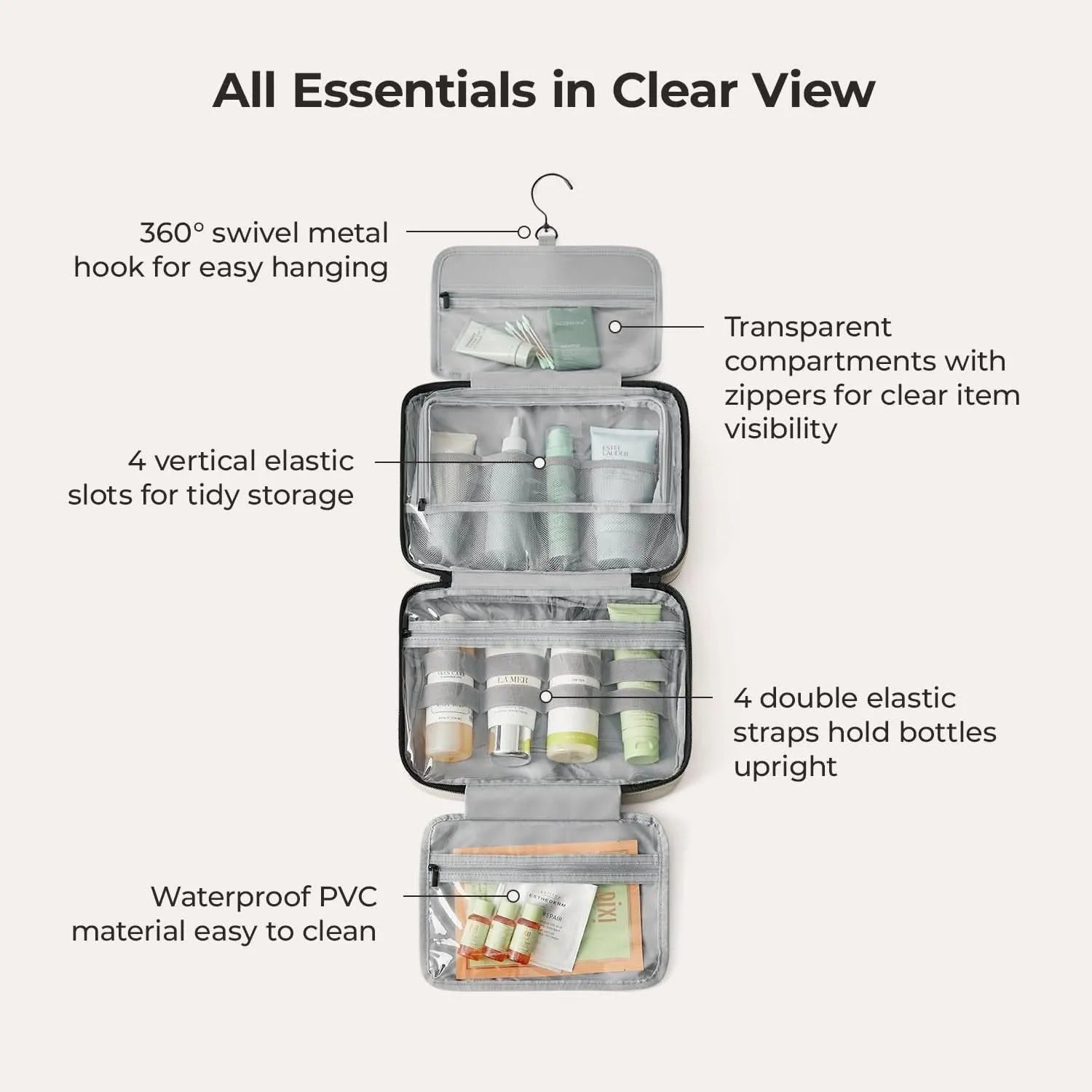 Paz Hanging Toiletry Bag for Travel - Waterproof Cosmetic Organizer with Multiple Pockets - Perfect for Bathroom, Camping & Gym Essentials Storage