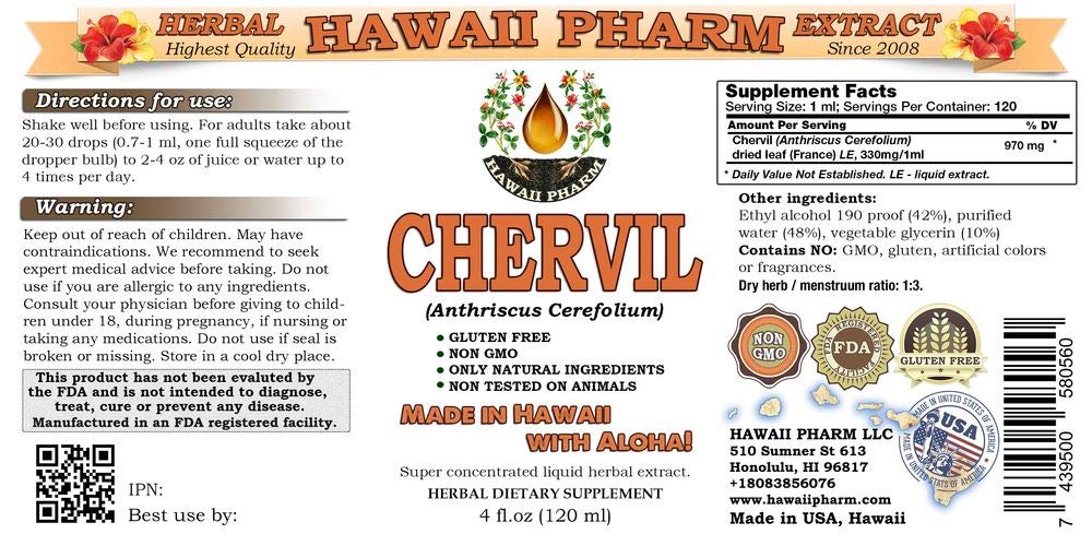 HawaiiPharm Organic Chervil Liquid Extract - 4x4 oz | Anthriscus Cerefolium Leaf Powder Tincture Supplement for Digestive Support & Detox | Perfect for Herbal Teas, Smoothies & Natural Remedies