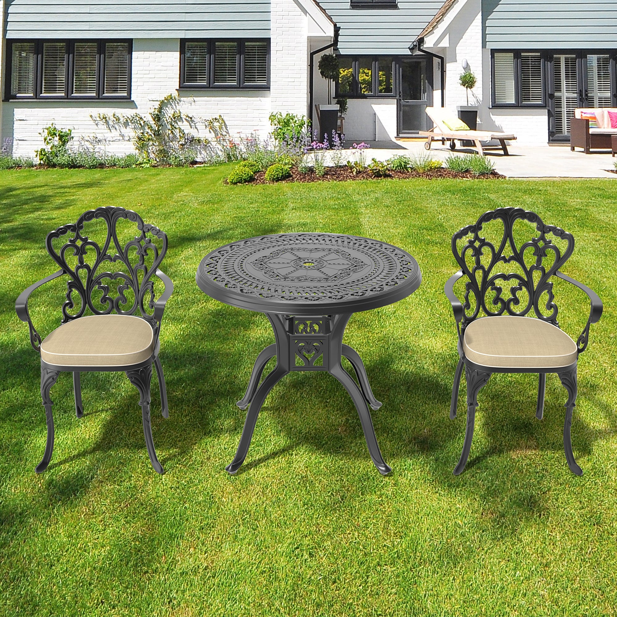 3-Piece Cast Aluminum Patio Furniture Set with Cushions - Outdoor Garden, Poolside & Backyard Lounge Seating - Includes Comfortable Cushions in Assorted Colors