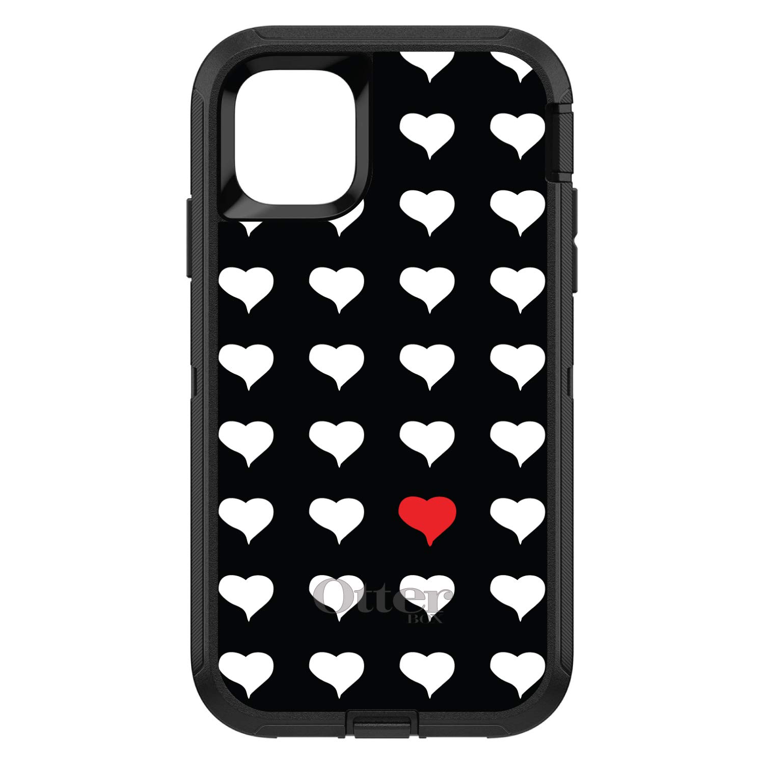 DistinctInk iPhone 12 Pro MAX Case (6.7 Inch) - OtterBox Defender Replacement - Custom Black with Red White Hearts Pattern - Durable Protective Phone Cover for Everyday Use & Outdoor Activities