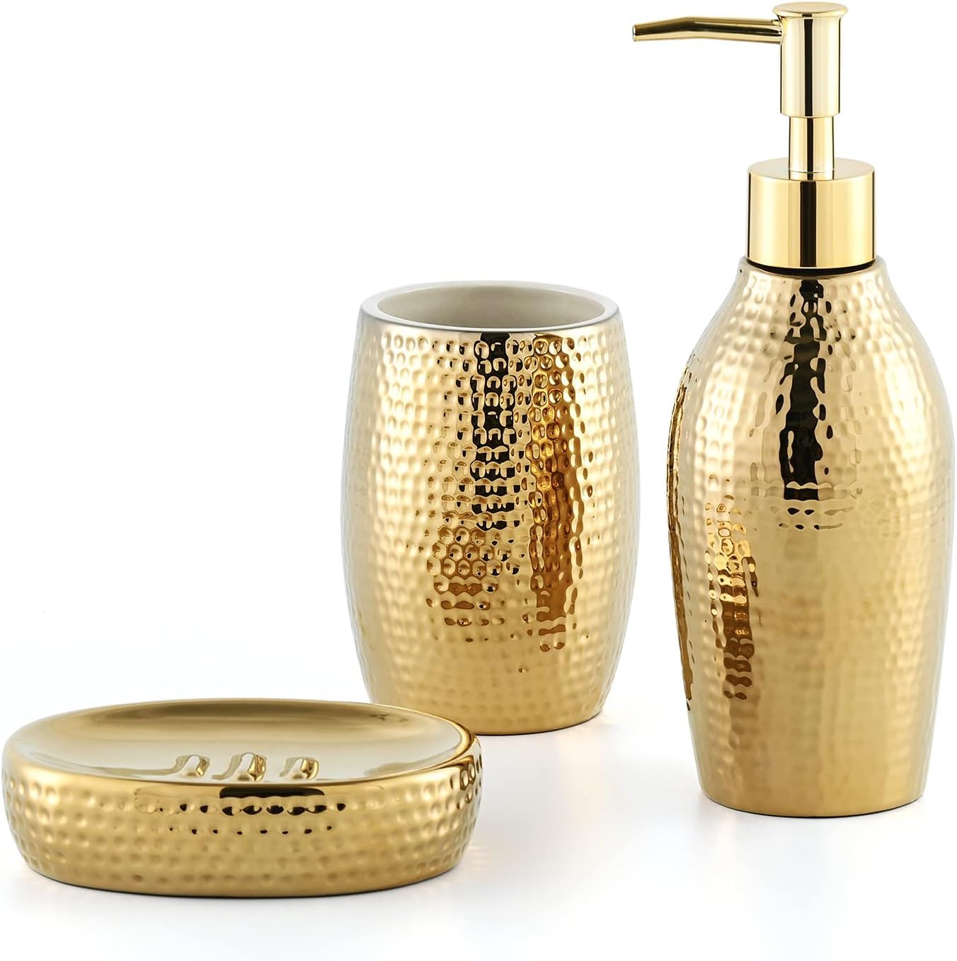 Luxury Gold Ceramic Bathroom Accessory Set - 3 Piece Decorative Soap Dispenser, Toothbrush Holder & Soap Dish for Modern Home Decor | Elegant Housewarming Gift for Bathroom, Vanity & Guest Room Organization
