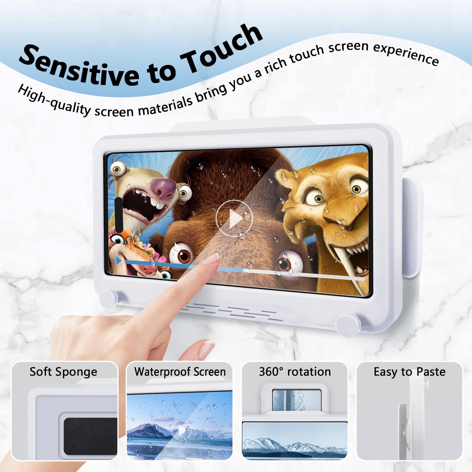 TEKING 360° Rotating Waterproof Shower Phone Holder - Touch Sensitive Screen, Adjustable Wall Mount for Bathroom - Compatible with iPhone 14/13/12, Samsung Galaxy S23/S22 (4-7 Inch) - Perfect for Showering, Bathing & Kitchen Use (White)