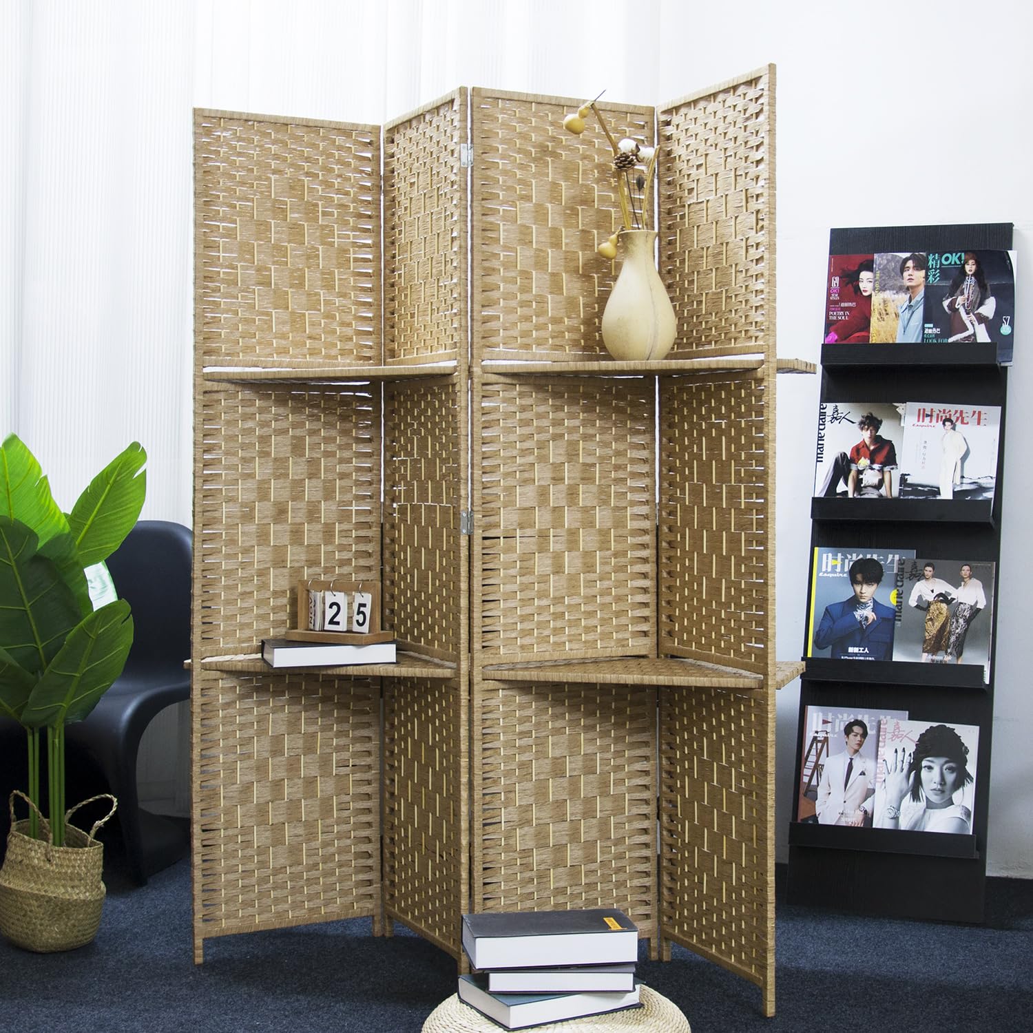 4 Panel Folding Room Divider with Removable Storage Shelves - Light Brown Privacy Screen 67