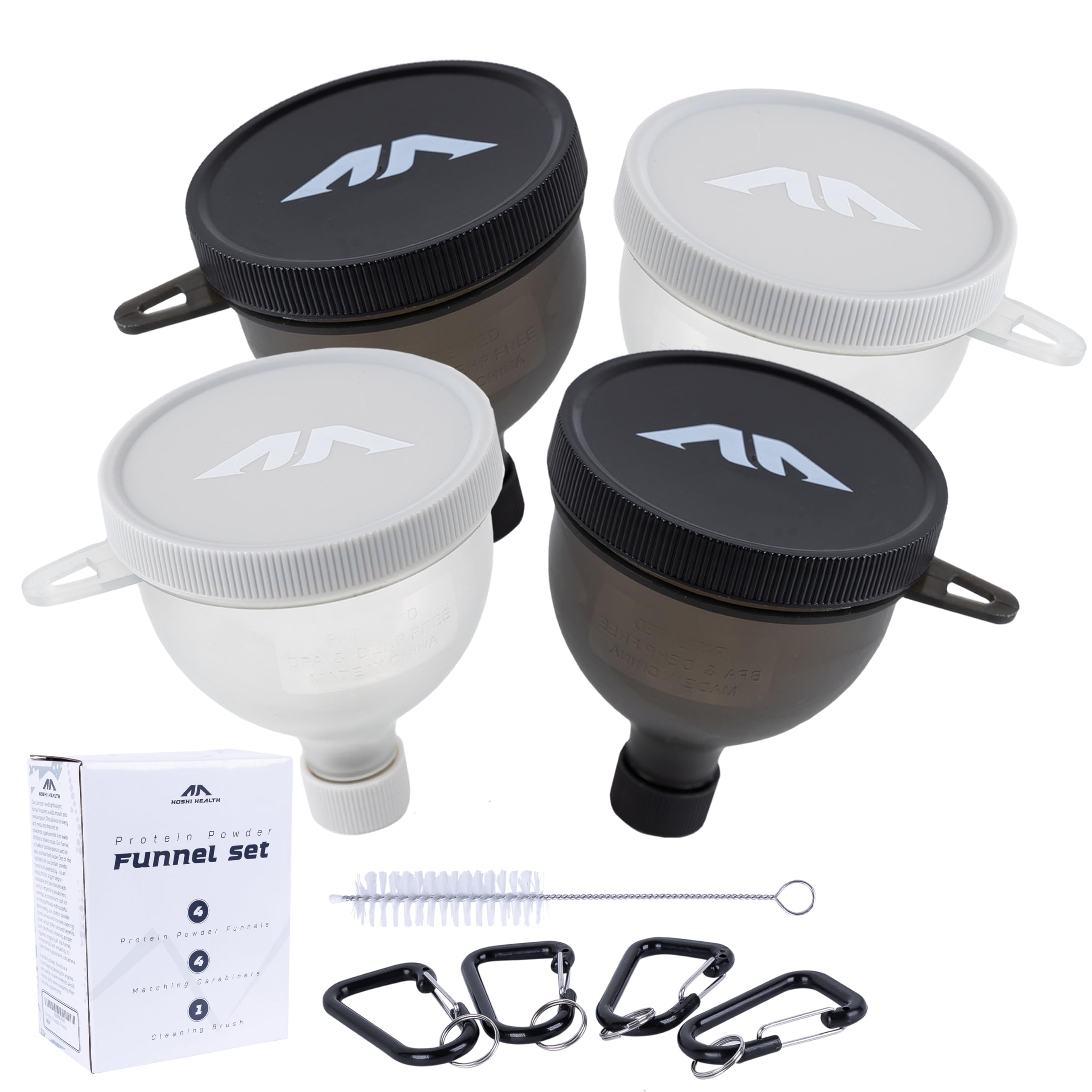 Protein Powder Funnel Set with Brush & Carabiners - Portable 4-Pack for Gym, Travel