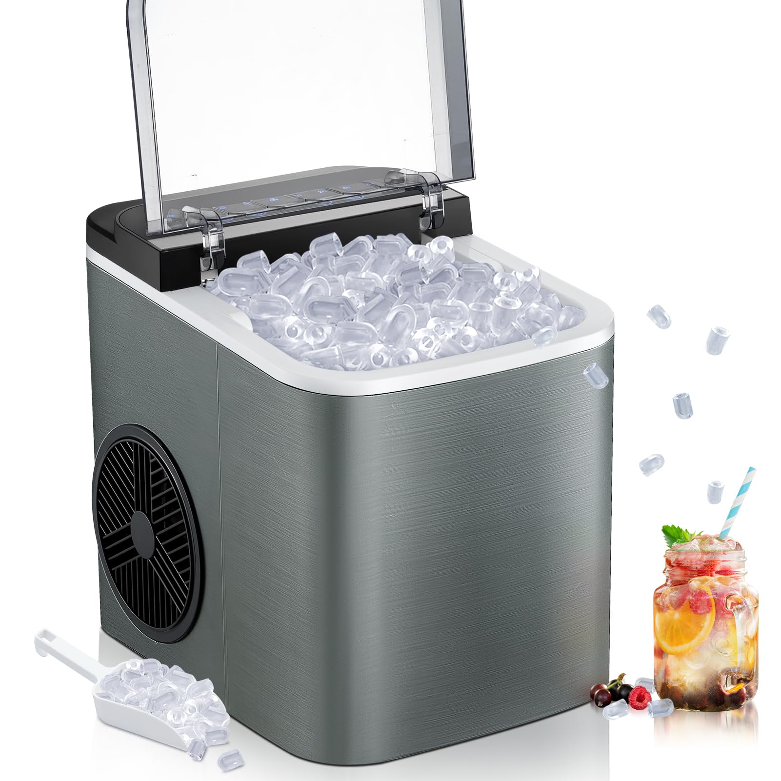 Upgraded Portable Ice Maker Countertop 28Lbs/Day, Fast 6-Minute Ice Making, 15H Timer, Self-Cleaning, 2 Ice Cube Sizes (Bullet & Cube) with Scoop - Perfect for Home, Kitchen, RV, Camping & Outdoor Parties