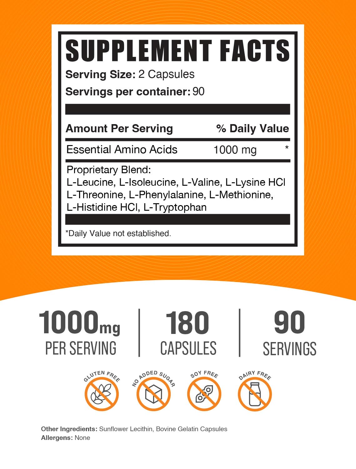 BulkSupplements Essential Amino Acids (EAA) Capsules 1000mg - Gluten Free, 180 Capsules (90 Servings) - Muscle Recovery & Performance Supplement for Athletes, Fitness & Bodybuilding
