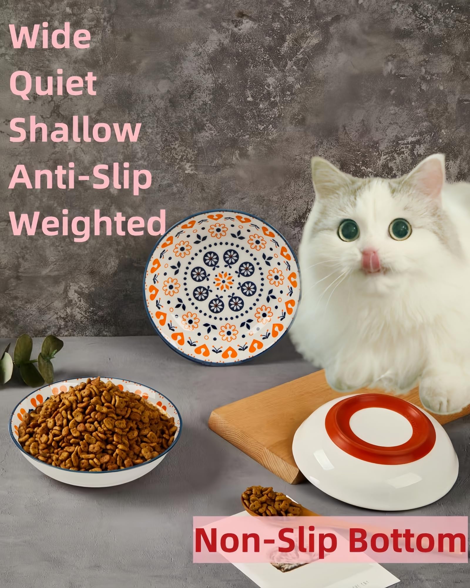 Anti Whisker Fatigue Cat Bowl - 5.5 Inch Ceramic Cat Food Dish with Non-Slip Silicone Base | Shallow Wide Pet Bowl for Kittens & Adult Cats | Perfect for Stress-Free Feeding at Home