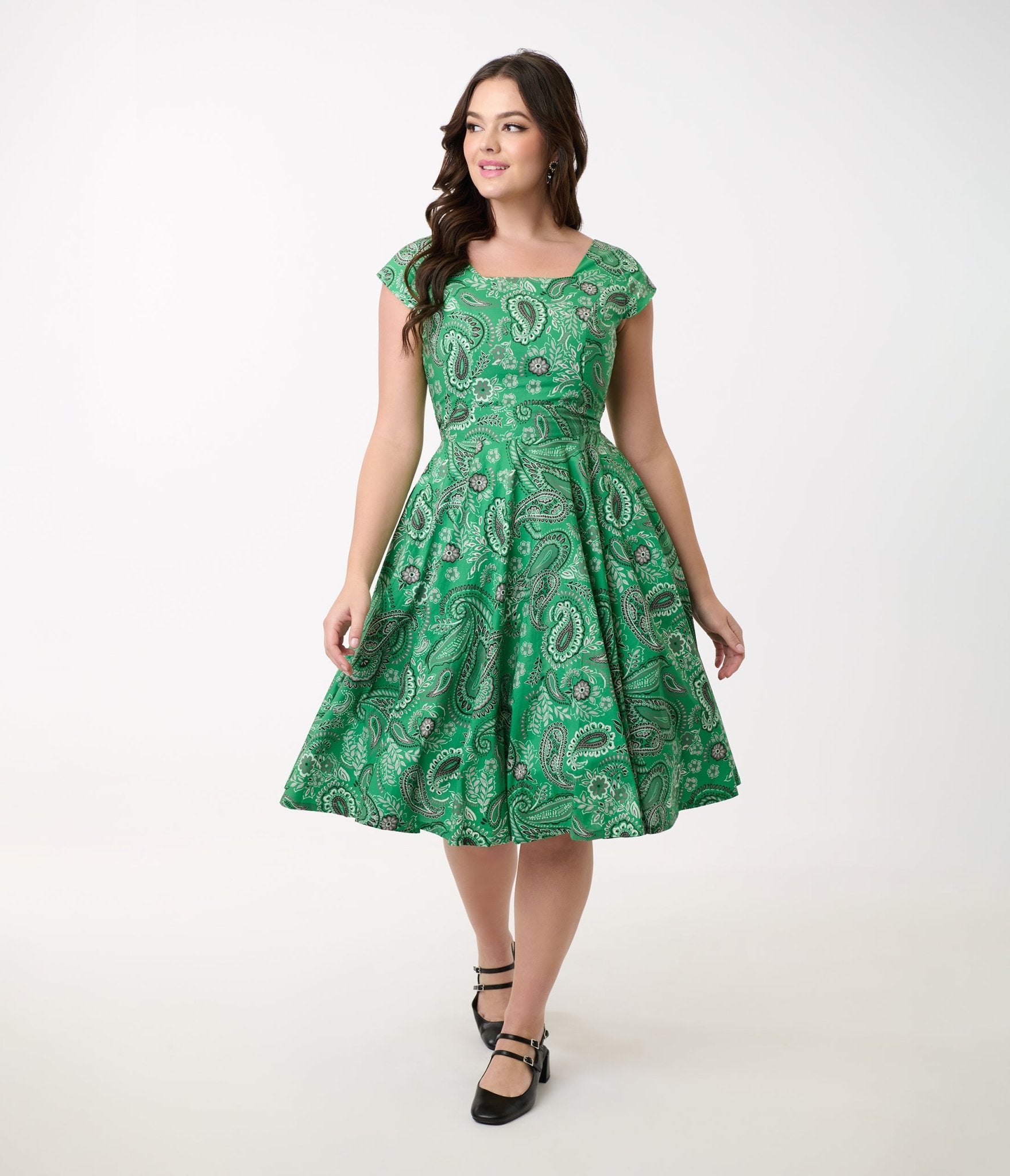 Vintage 1950s Green Bandana Print Anna Cotton Swing Dress - Retro Floral Dress for Women, Perfect for Parties, Dances & Casual Outings