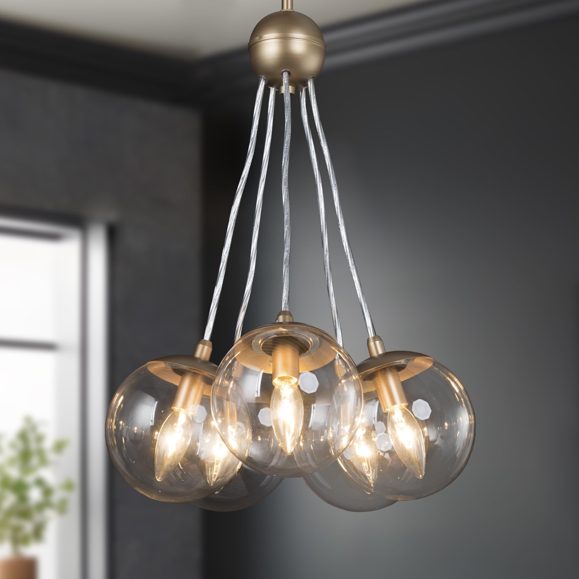 5-Light Gold Chandelier with Globe Glass Shades - Elegant Dining Room Lighting Fixture for Kitchen Island, Entryway, Foyer - Perfect for Home Decor & Romantic Ambiance