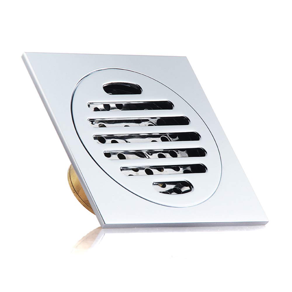 4 Inch Square Chrome Shower Drain with Removable Cover Grate - Brass Bathroom Floor Drain for Shower Stall, Bathtub & Wet Room - Anti-Clog Design for Hair & Debris