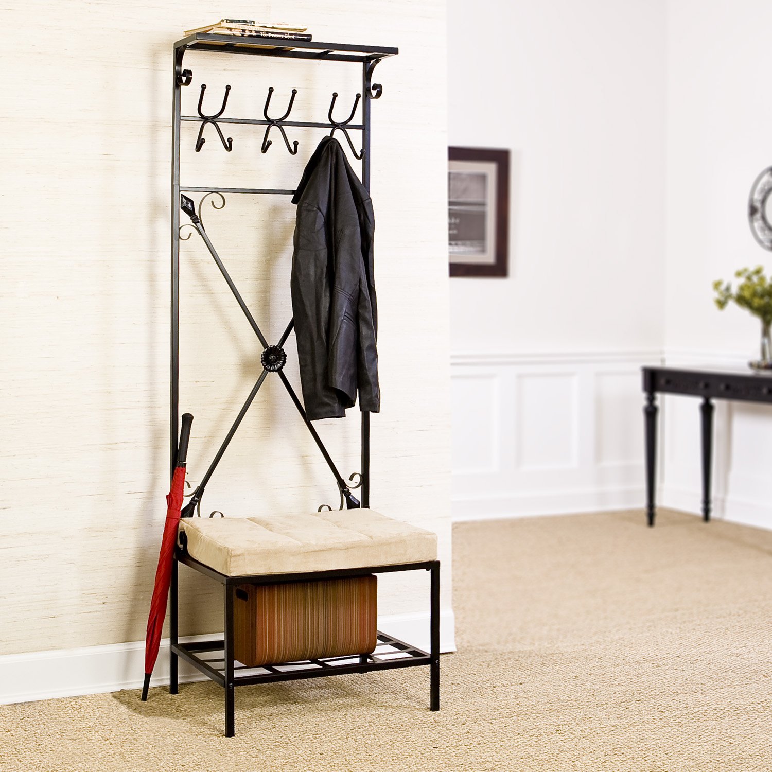 SEI Furniture Bench with Storage Rack - Black Textured Powder-Coated Entryway Bench for Hallway, Living Room & Bedroom Organization