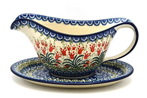 Handmade Polish Pottery Gravy Boat - Crimson Bells Design - Ceramic Sauce Boat for Thanksgiving, Christmas Dinner & Holiday Entertaining