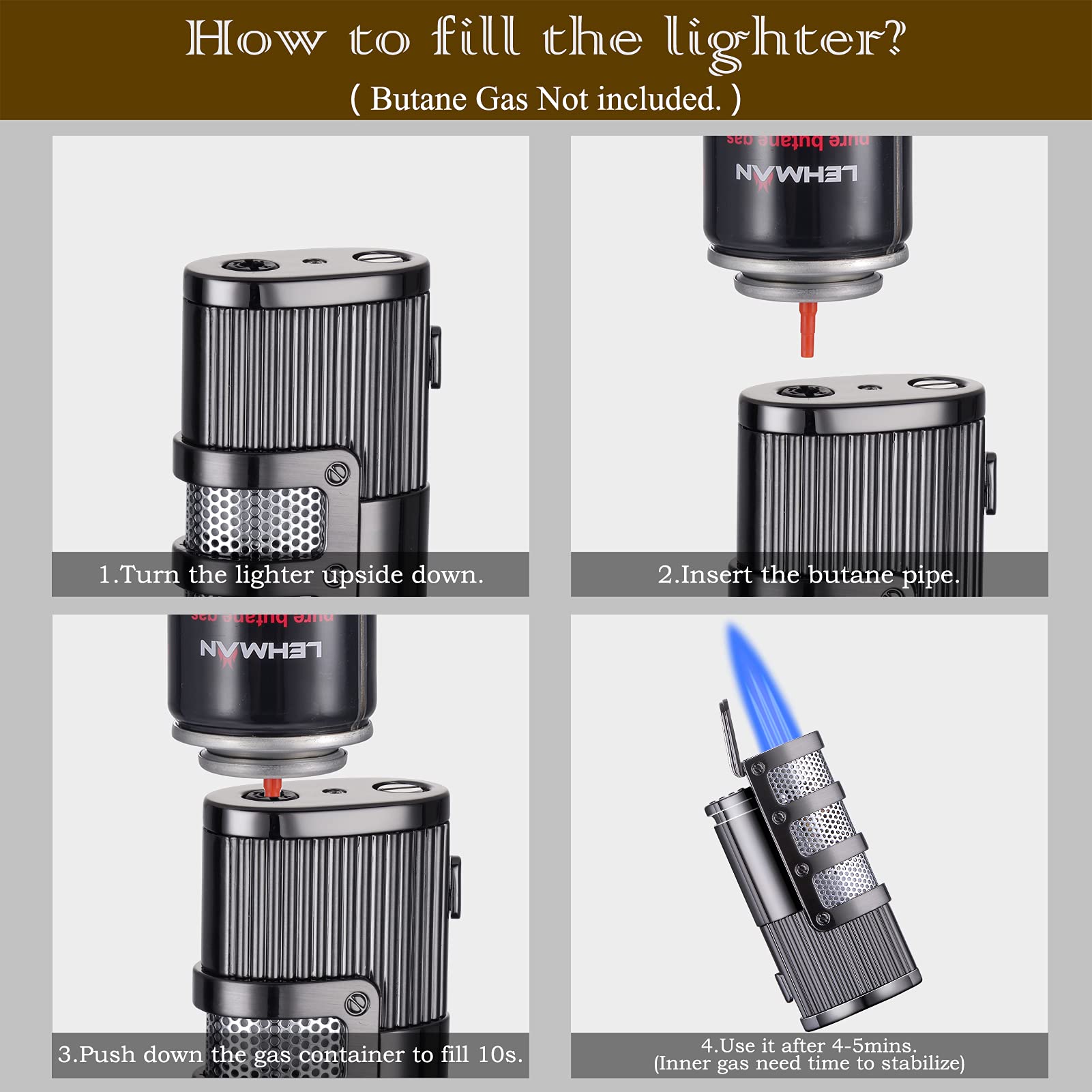 Premium Triple Flame Butane Torch Lighter - Windproof Refillable Jet Lighter with Hole Punch Cutter, Durable Metal Construction & Luxury Gift Box (Butane Not Included) - Perfect for Cigars, Cooking, DIY Projects & Outdoor Use