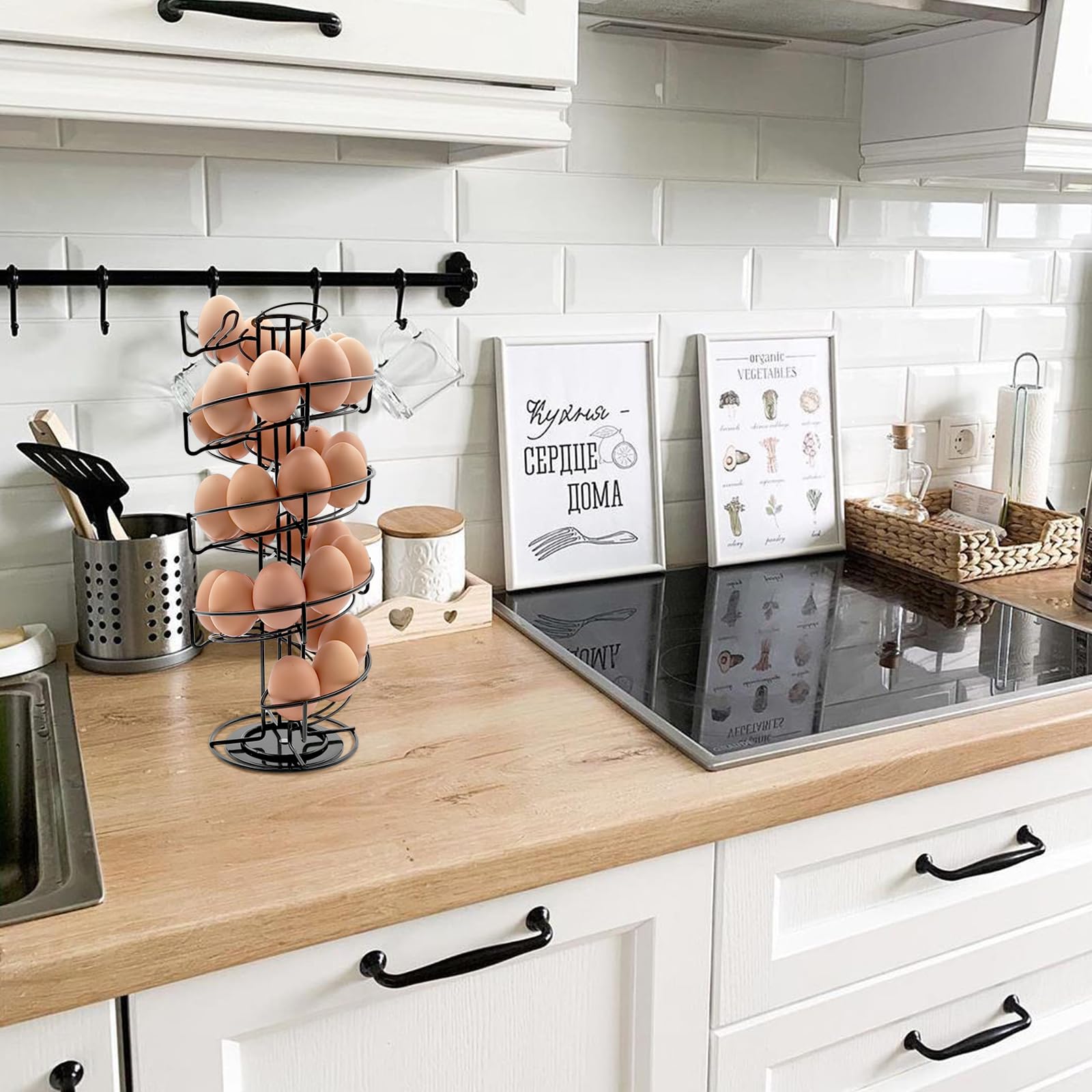 30-Capacity Wire Egg Storage Basket - Black Egg Holder & Spin Dispenser Rack for Chicken, Duck, Quail Eggs | Perfect for Farm Fresh Eggs, Kitchen Organization & Farmers Market Display