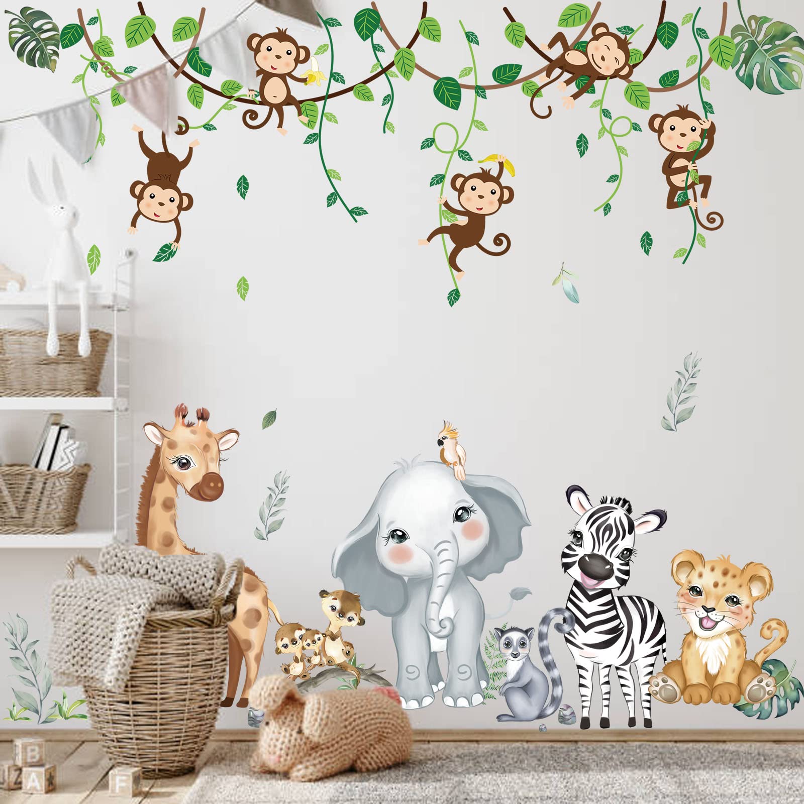 Decalmile Climbing Monkey Wall Decals - Safari Animal Stickers Set for Baby Nursery & Kids Bedroom Decor - Perfect for Jungle Themed Rooms and Playful Wall Art
