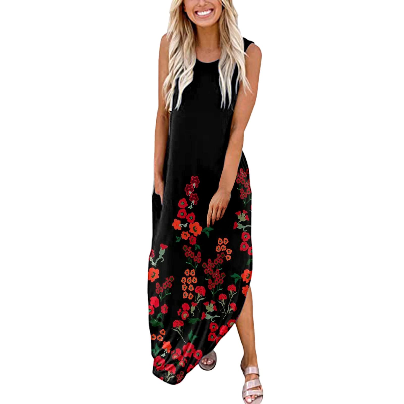 Women's Summer Maxi Dress - Sleeveless Boho Beach Dress with Side Slit & Pockets | Flowy Long Dress for Spring & Summer | Perfect for Beach Vacations, Pool Parties & Casual Outings
