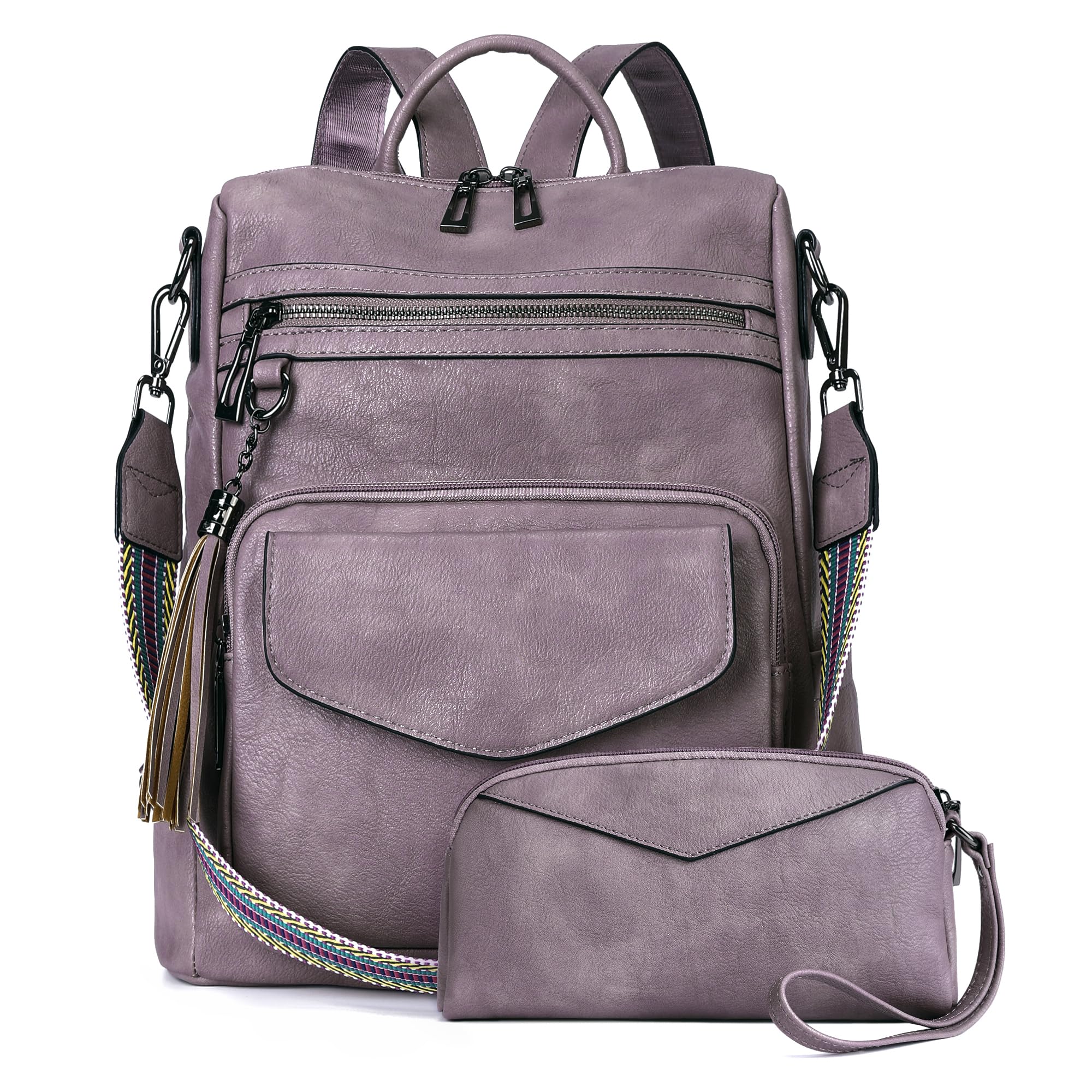 OPAGE Women's Leather Backpack Purse - Fashion Designer Travel Backpack with Shoulder Straps & Wristlet - Perfect for Work, School & Travel (Purple)