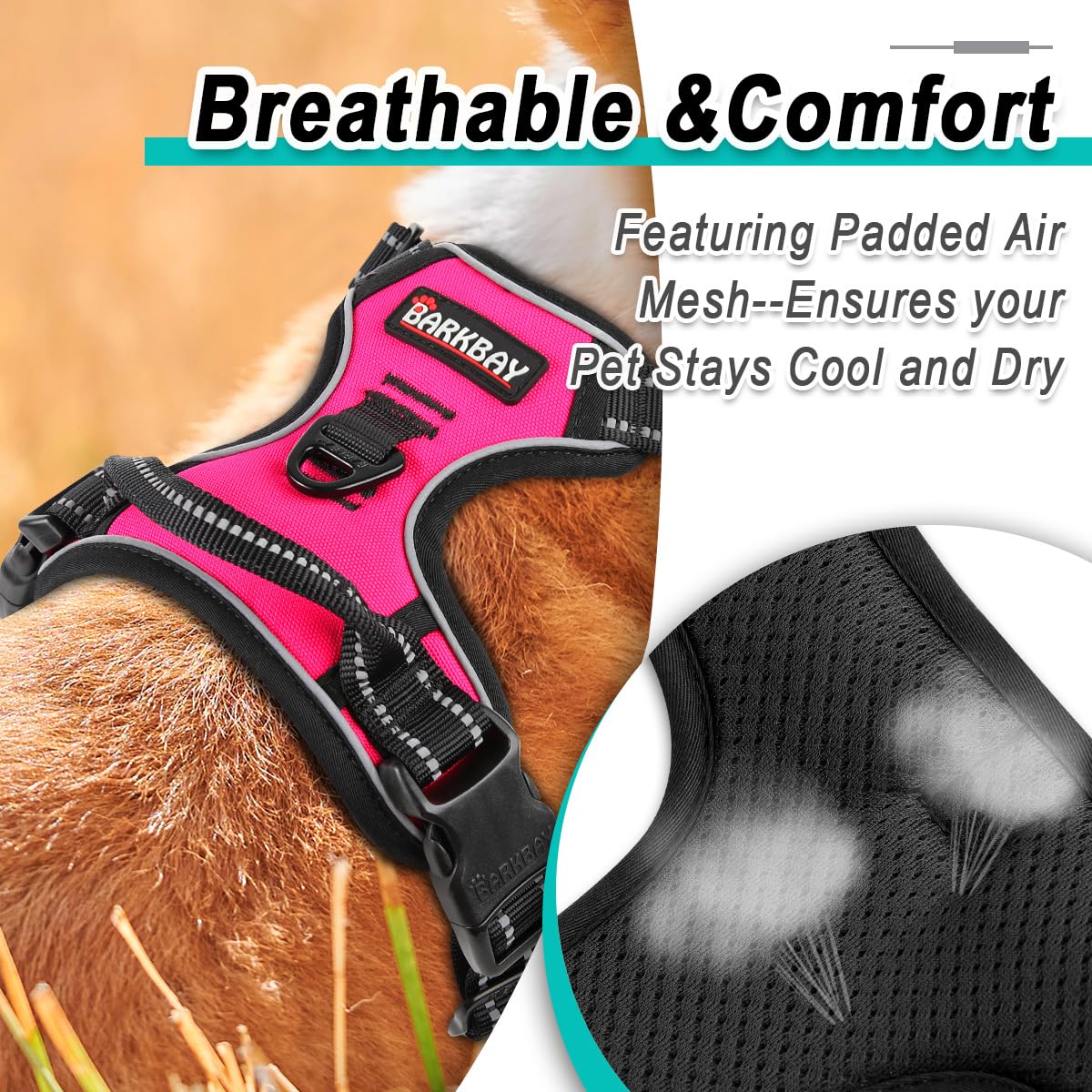 BARKBAY No Pull Dog Harness - Adjustable Reflective Pet Vest for Small Medium Large Dogs - 3M Oxford Material for Easy Control - Perfect for Outdoor Walking, Hiking & Nighttime Safety (Pink)