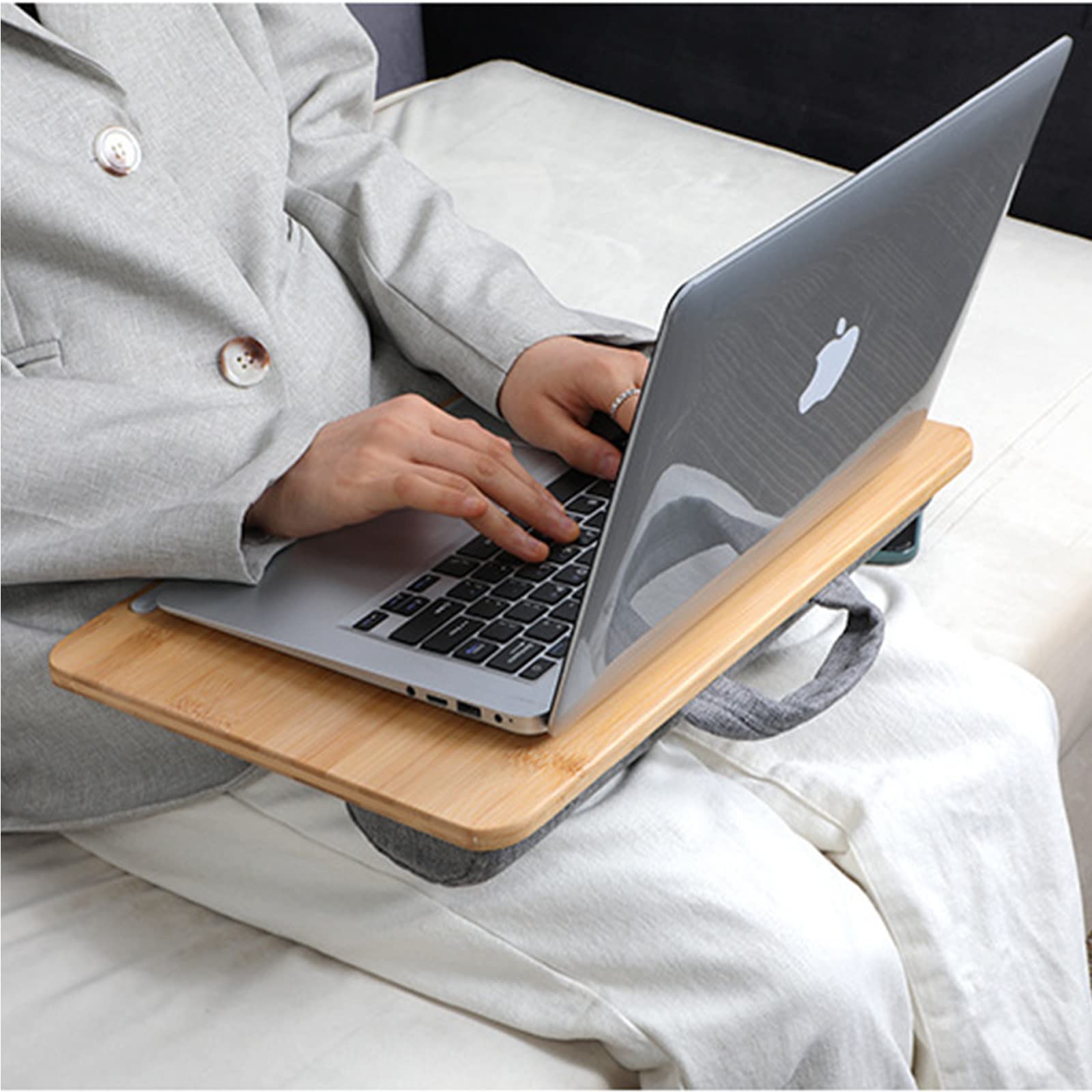 Portable Bamboo Laptop Lap Desk with Cushion & Phone Holder - Lightweight Laptop Stand for Sofa/Bed/Couch (Fits Up to 14