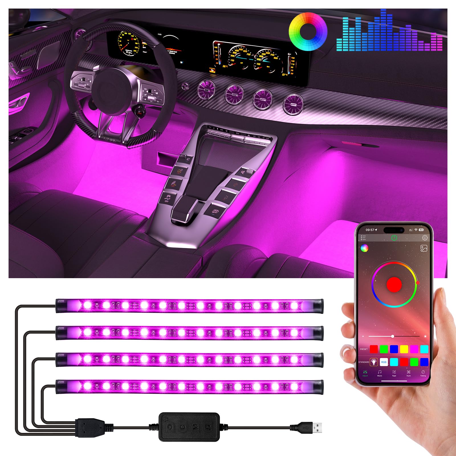 Smart APP Controlled Multicolor LED Car Interior Lights Kit - Music Sync, DIY Mode, 5V USB for Cars, Trucks & SUVs | Enhance Ambience for Night Driving, Parties & Custom Vehicle Lighting
