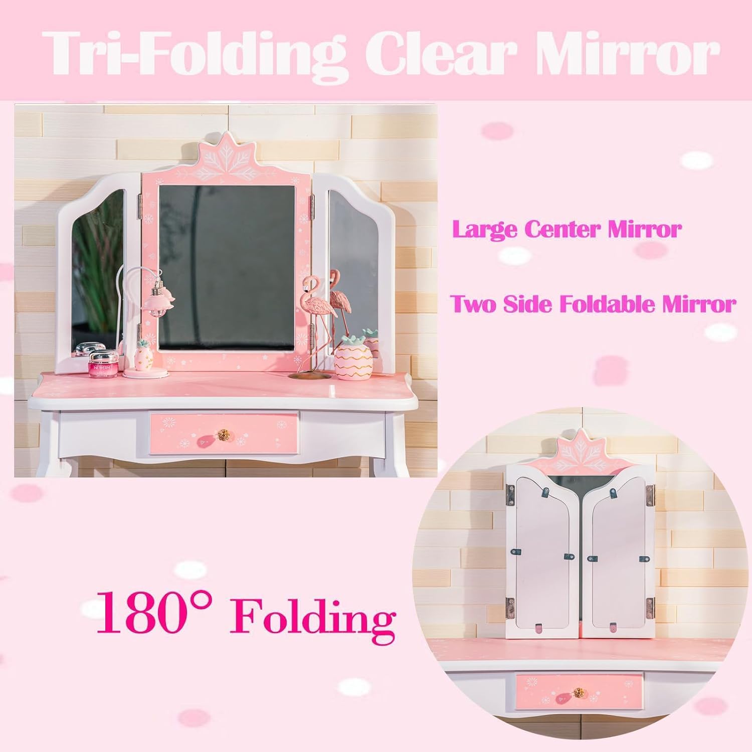GAOMON Kids Vanity Table with Tri-Folding Mirror, Stool & Drawer - 2-in-1 Wooden Princess Makeup Desk & Dressing Table for Toddlers - Pretend Play Vanity Set for Girls (Perfect for Birthday Gifts, Bedroom Decor & Role Play Activities)