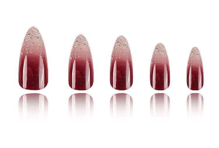 24 PCS Medium Almond Press on Nails - Wine Red Gradient Glossy Fake Nails with Full Cover Design | Reusable Glue on Artificial Nails for Women | Perfect for Parties, Weddings & Daily Wear